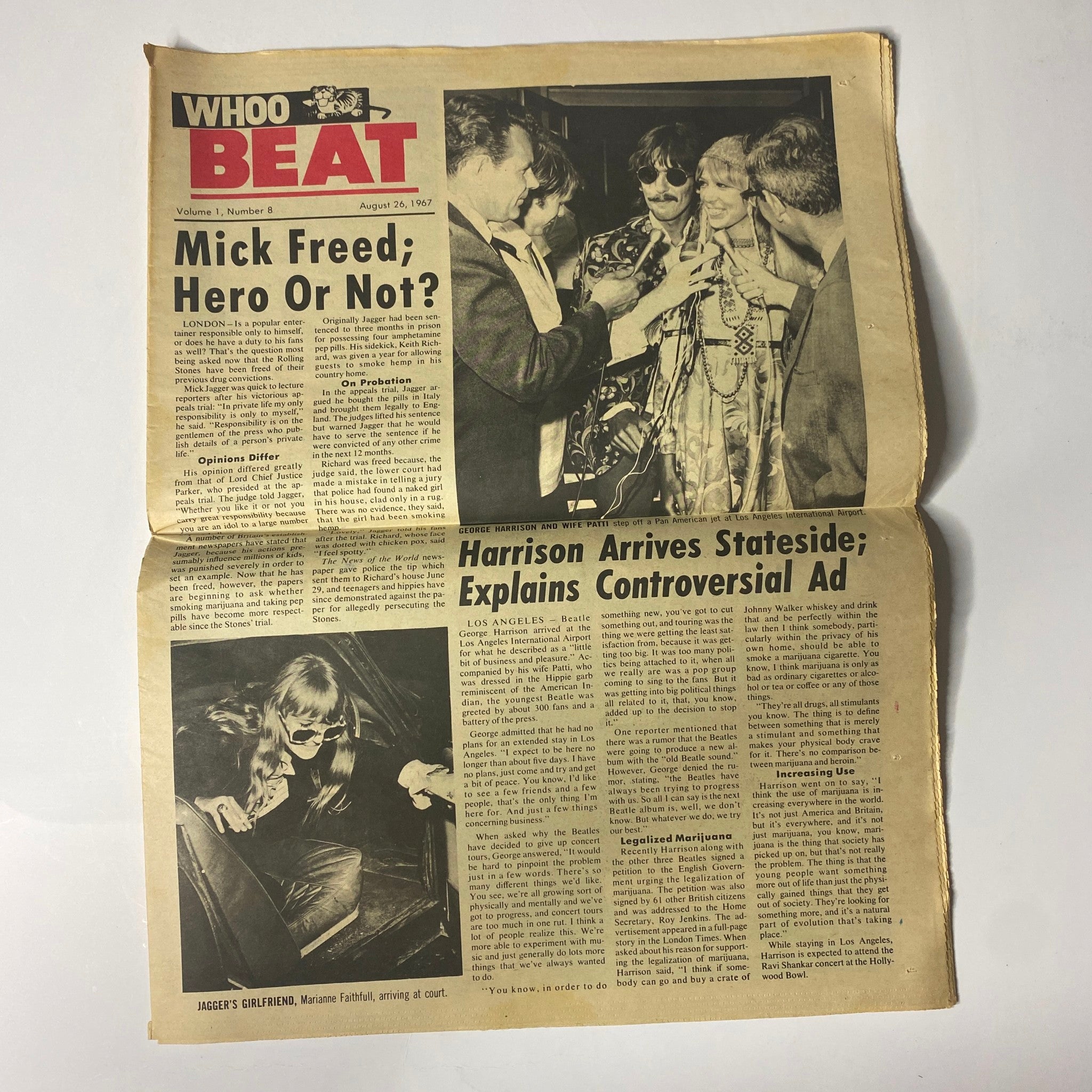Another page from Whoo Beat Tabloid Magazine August 26, 1967, featuring the headline 'Mick Freed; Hero or Not?' along with images of Mick Jagger and discussions surrounding his trial amid the 1960s cultural context.