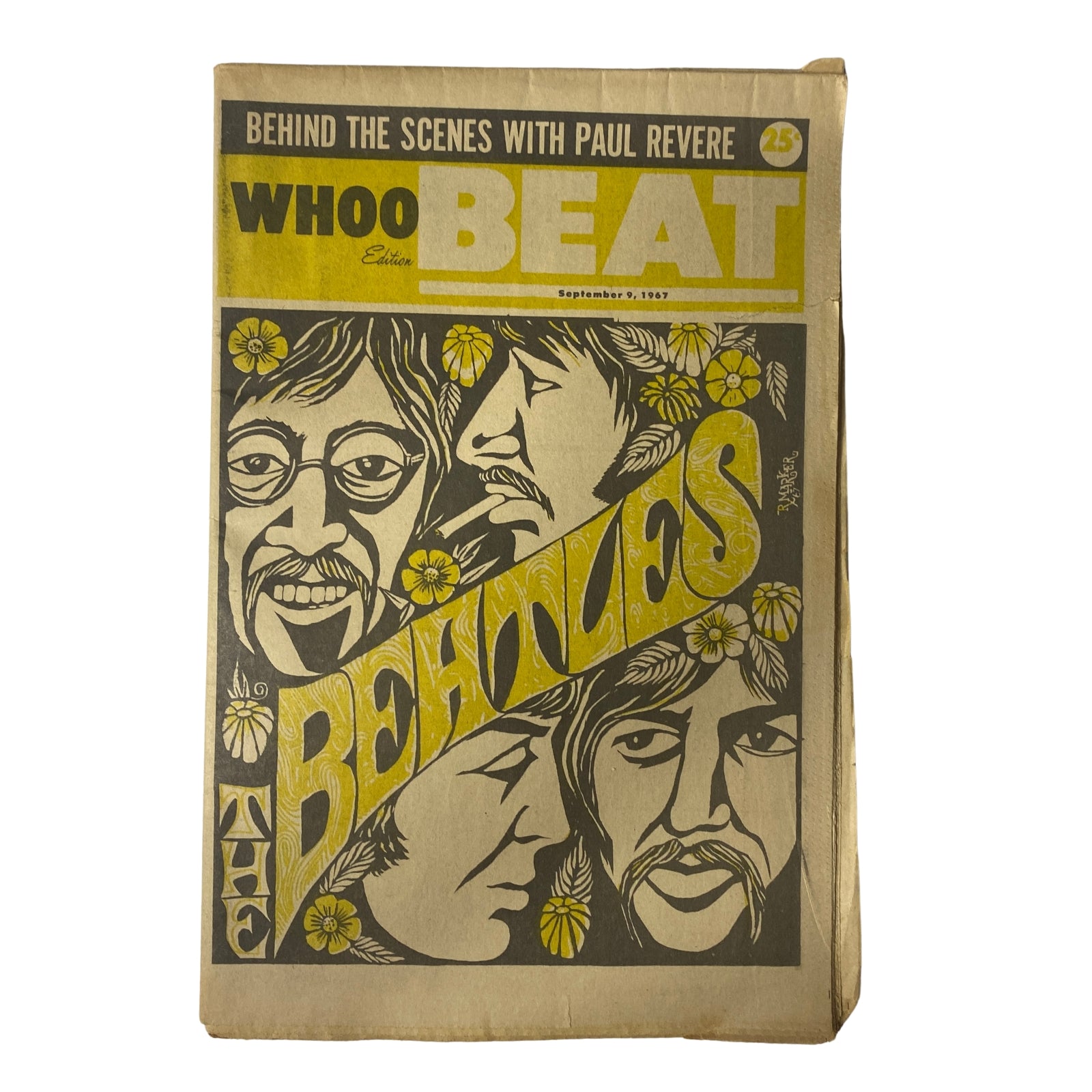 Whoo Beat Tabloid Magazine September 9, 1967 Vol 1 No 9 featuring The Beatles on the cover, highlighting a colorful illustration depicting John Lennon, Paul McCartney, George Harrison, and Ringo Starr.
