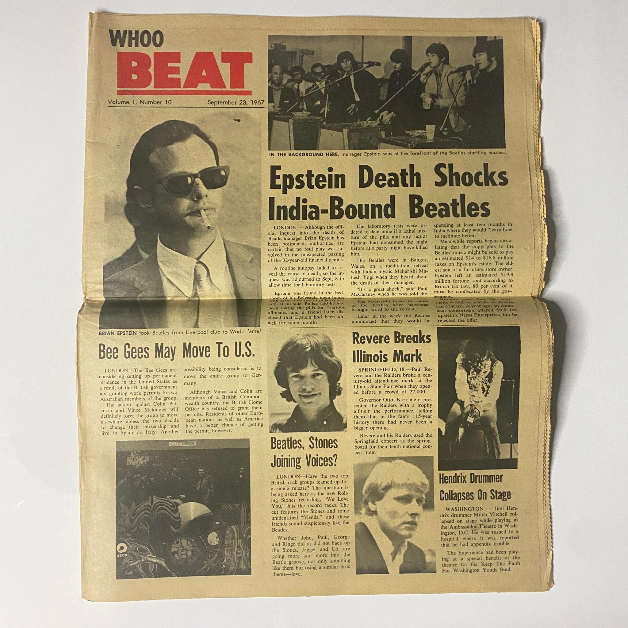 Whoo Beat Tabloid Magazine, September 23, 1967, featuring the headline 'Epstein Death Shocks India-Bound Beatles', reports on Brian Epstein's passing and cultural impact, including articles on the Bee Gees, Beatles and Stones collaboration, and Paul Revere and the Raiders' record performance.