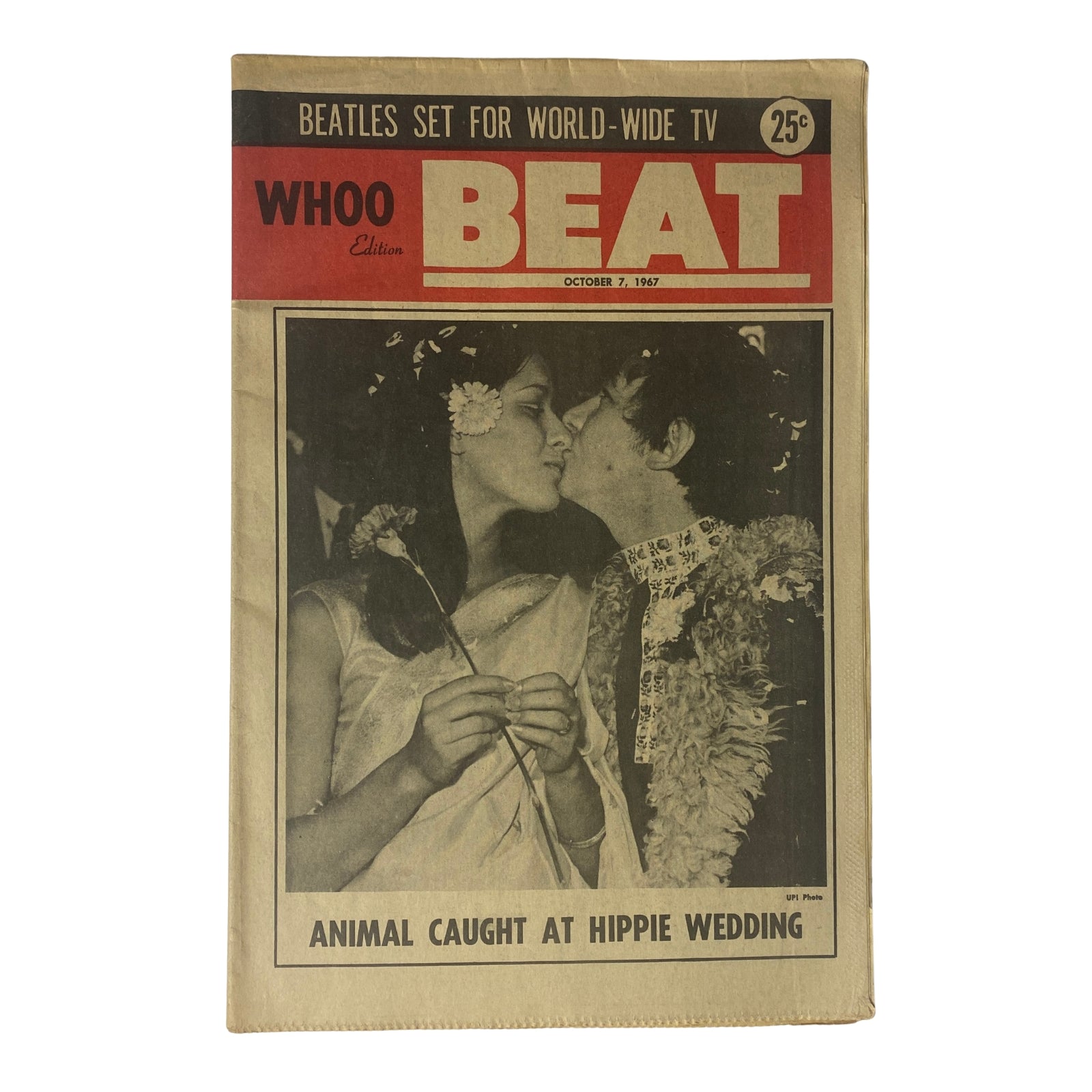 Whoo Beat Tabloid Magazine cover from October 7, 1967 featuring a couple at a hippie wedding, and a headline about The Beatles set for world-wide television.