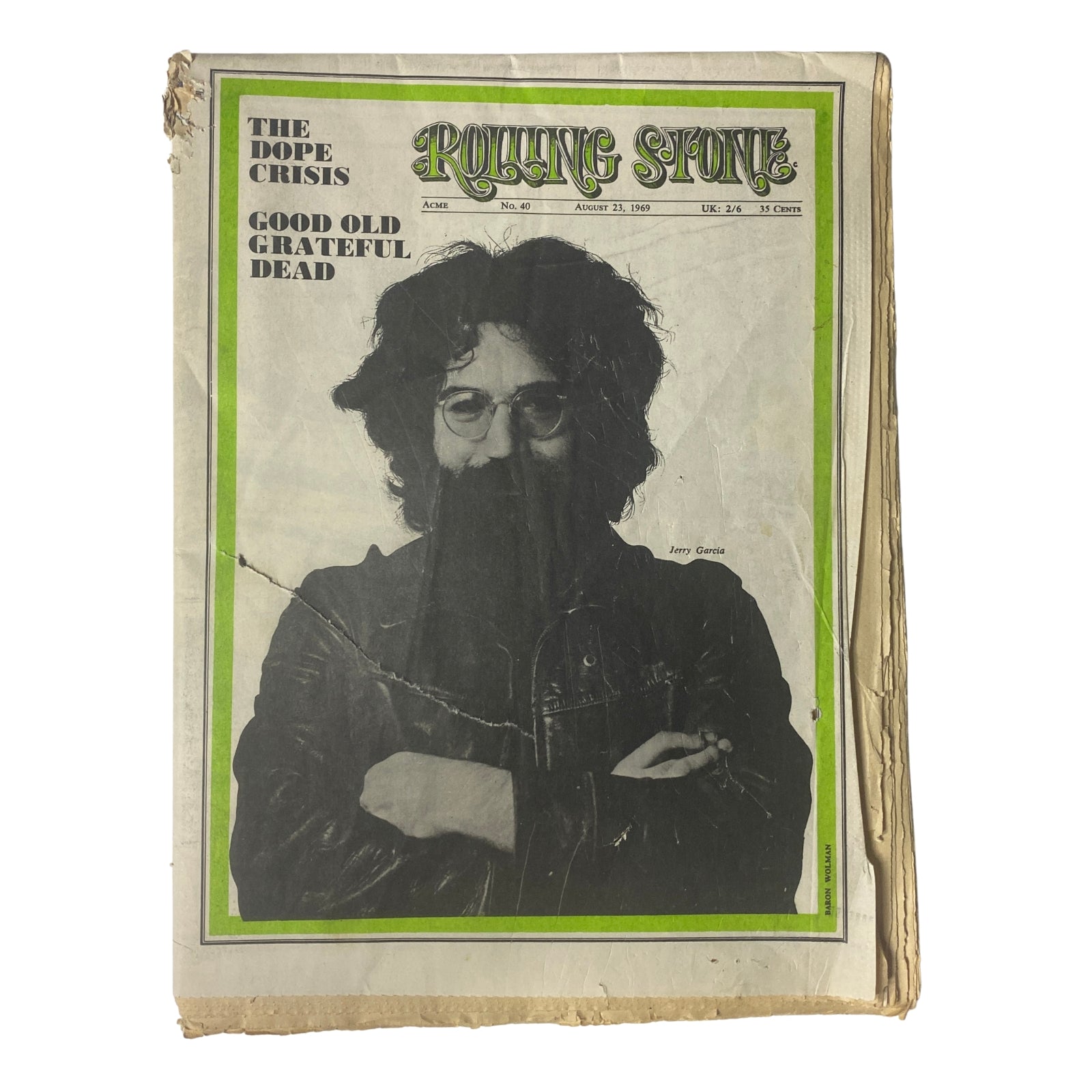 Rolling Stone Magazine August 23, 1969 featuring Jerry Garcia on the cover. The vintage magazine reflects the counterculture era, in acceptable condition showing visible signs of age.