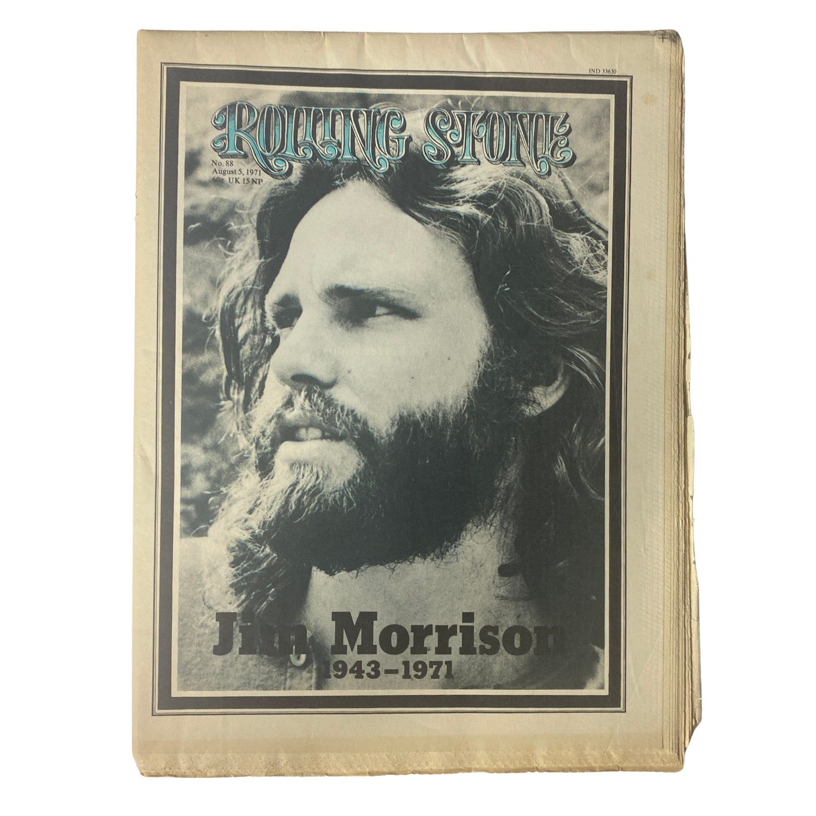 Cover of Rolling Stone Magazine, August 5, 1971, featuring Jim Morrison, 1943-1971, a significant collector's piece shortly after his death.