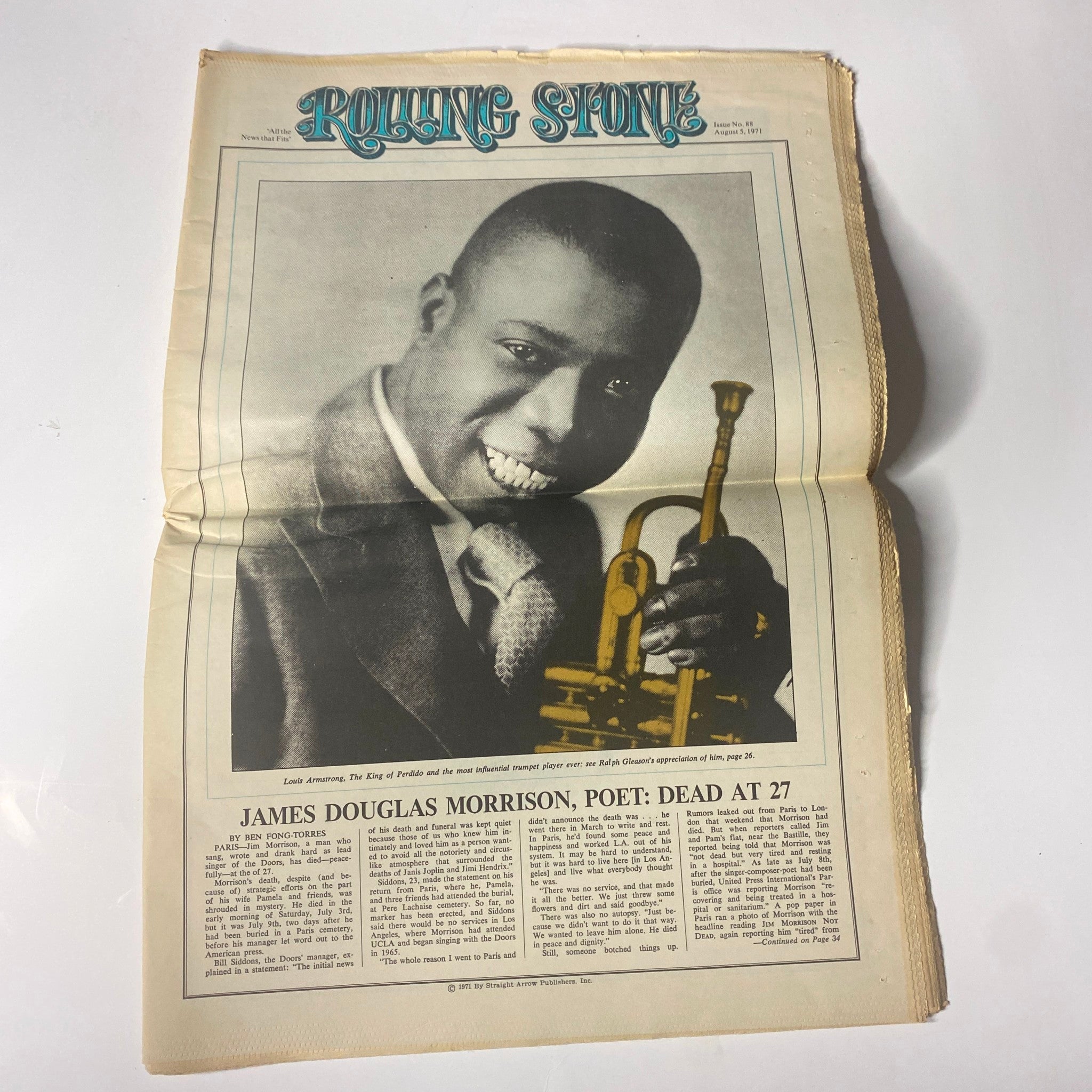 Inside page of Rolling Stone Magazine, August 5, 1971, showcasing James Douglas Morrison, Poet: Dead at 27, along with a tribute to Louis Armstrong.