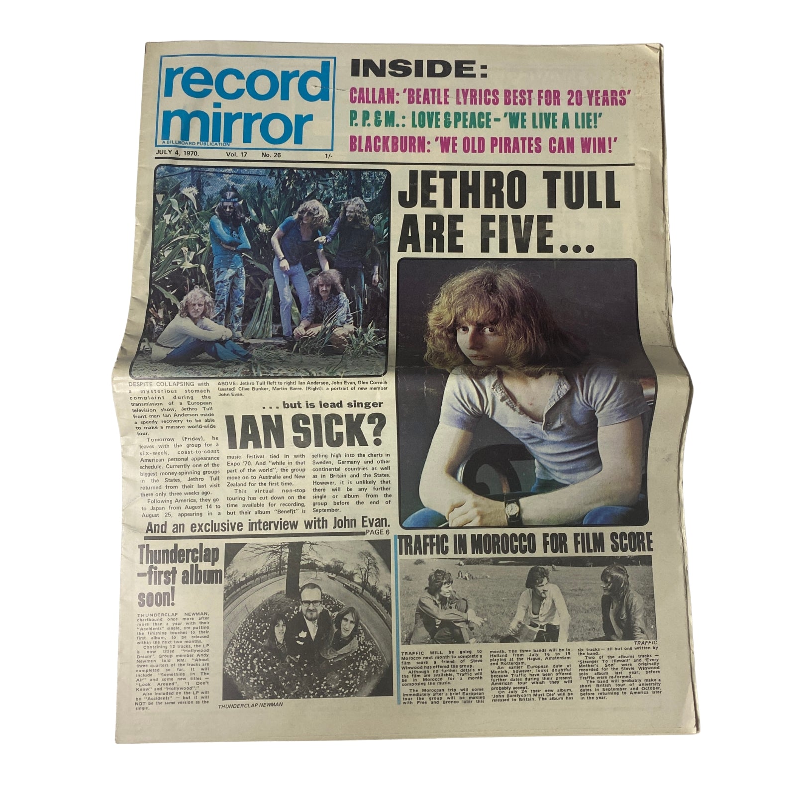 Vintage Record Mirror Tabloid Magazine cover from July 4, 1970, featuring Jethro Tull, Vol 17 No. 26, showcasing headlines about the band including 'Is Ian Sick?' and an exclusive interview with John Evan.