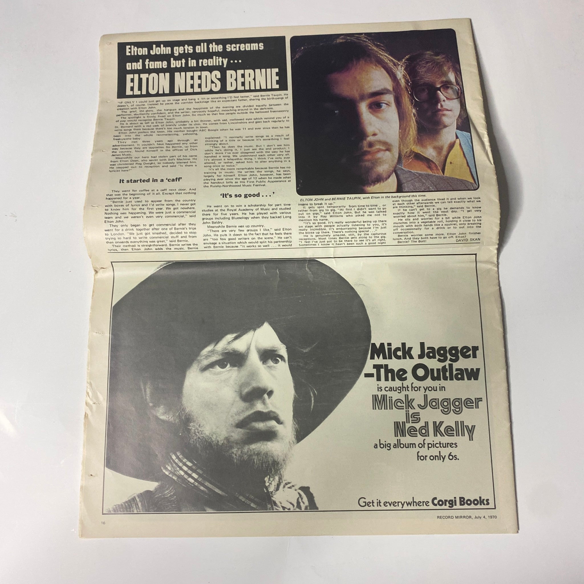 Page from the Record Mirror Tabloid Magazine July 4, 1970, featuring a portrait of Ian Anderson and a glimpse of an article discussing Jethro Tull's tour, celebrating their rise to fame in the music industry.