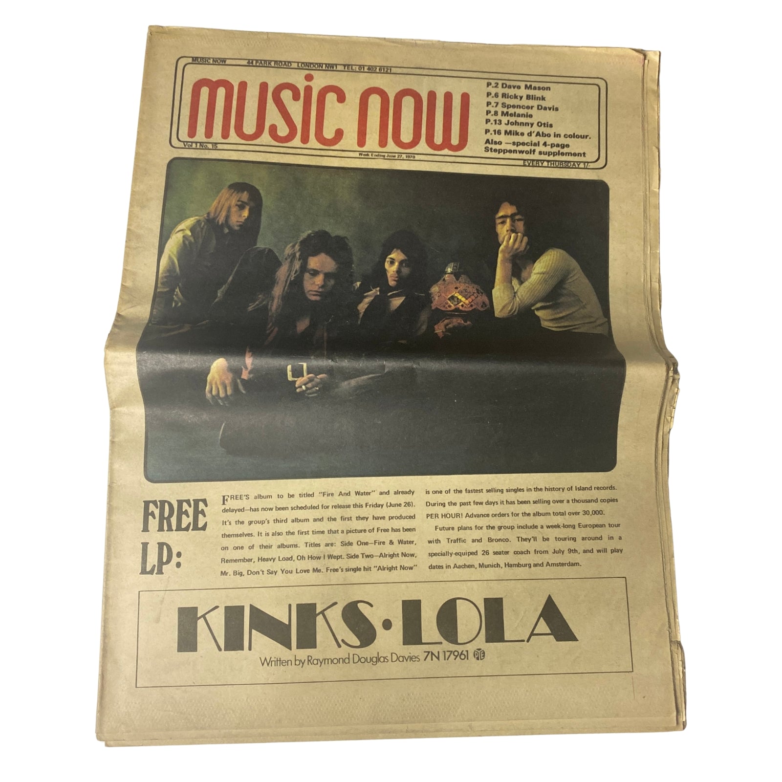 Cover of Music Now Tabloid Magazine June 1970 Vol 1 No. 15 featuring the British rock band Free with an advertisement for their free LP 'Kinks - Lola'.
