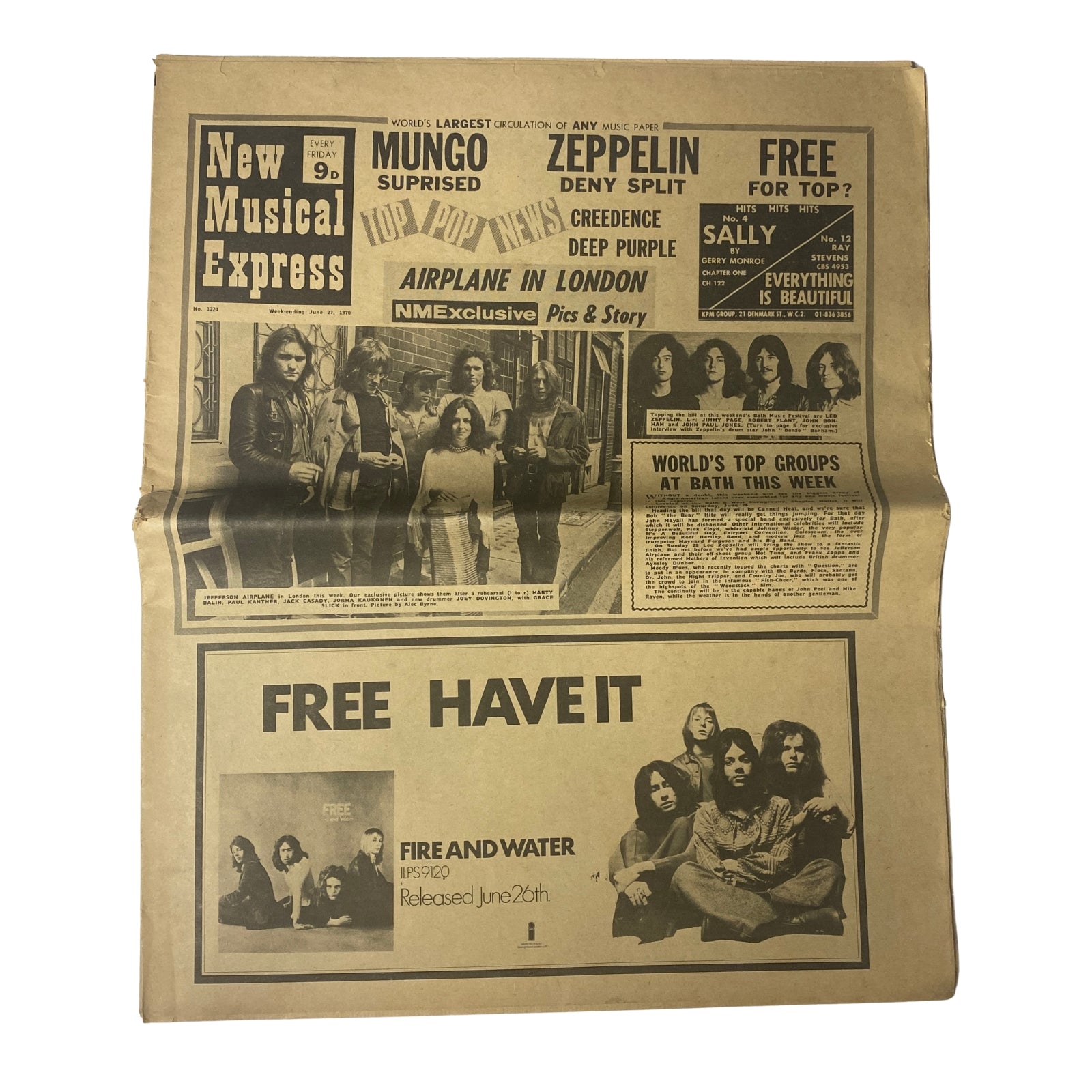 Cover of New Musical Express Music Paper June 1970 No. 1224 featuring Jefferson Airplane, Mungo Jerry, Led Zeppelin, and more, showcasing notable music news and updates.
