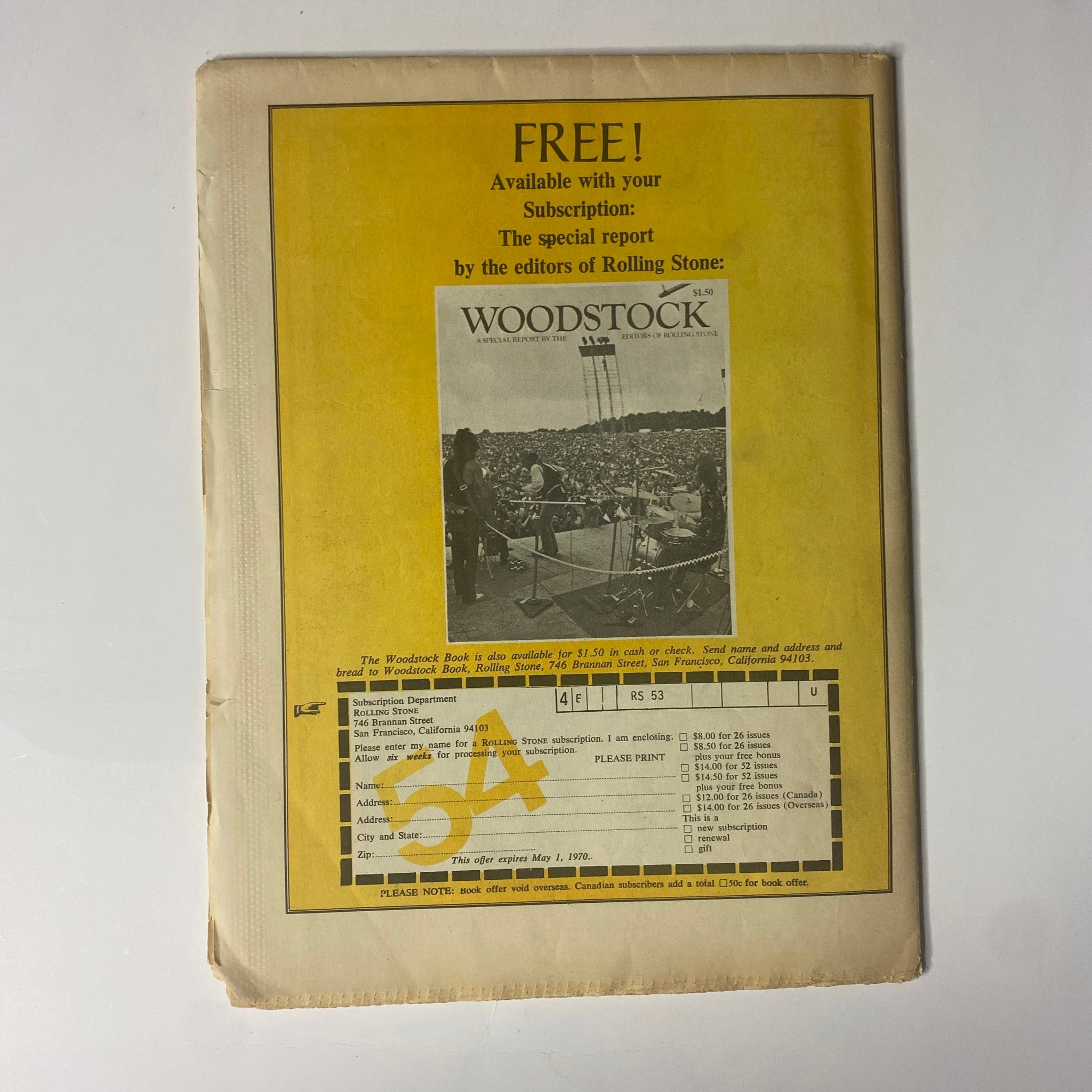 Back cover of Rolling Stone Magazine March 19, 1970 No. 54, highlighting a special report on Woodstock, available for subscribers with a subscription form.