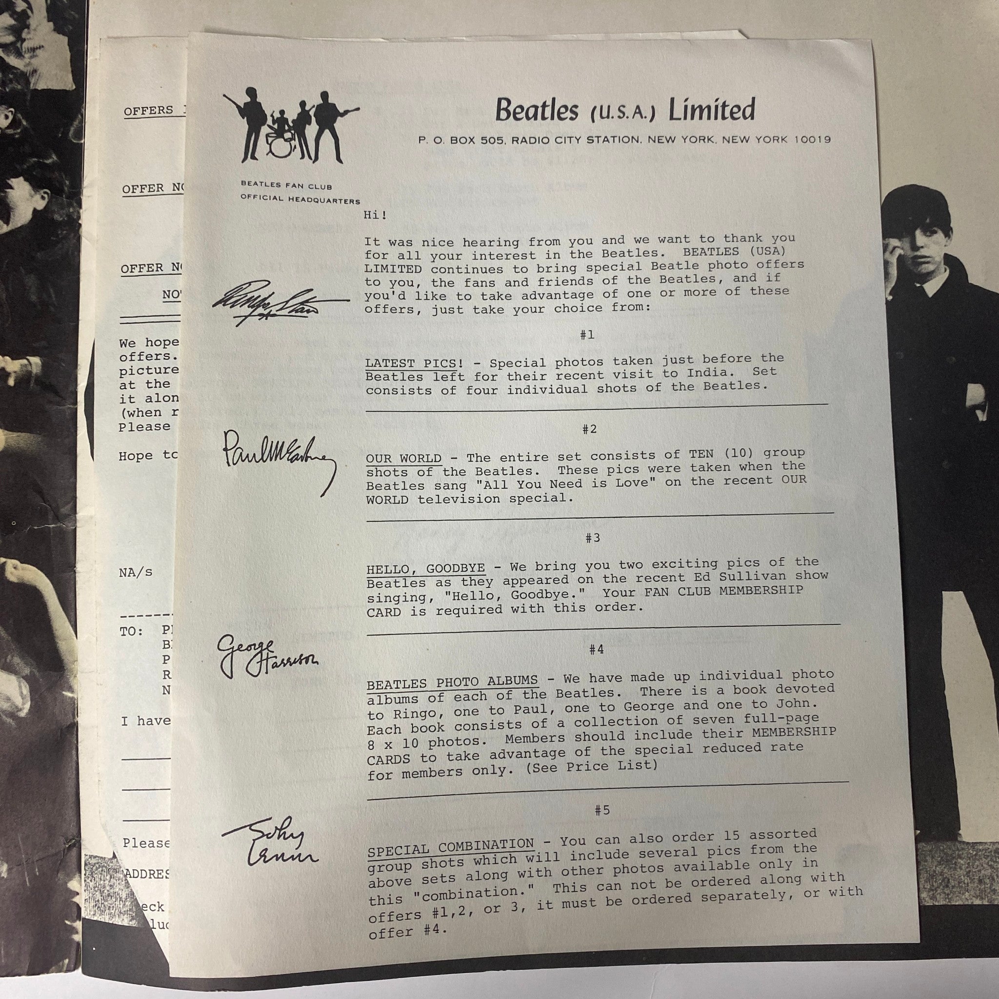 Inside page from the 1964 Beatles (U.S.A.) Ltd. Limited Tour Program Book, showcasing the photo ordering details and sketches of signatures from the band members.