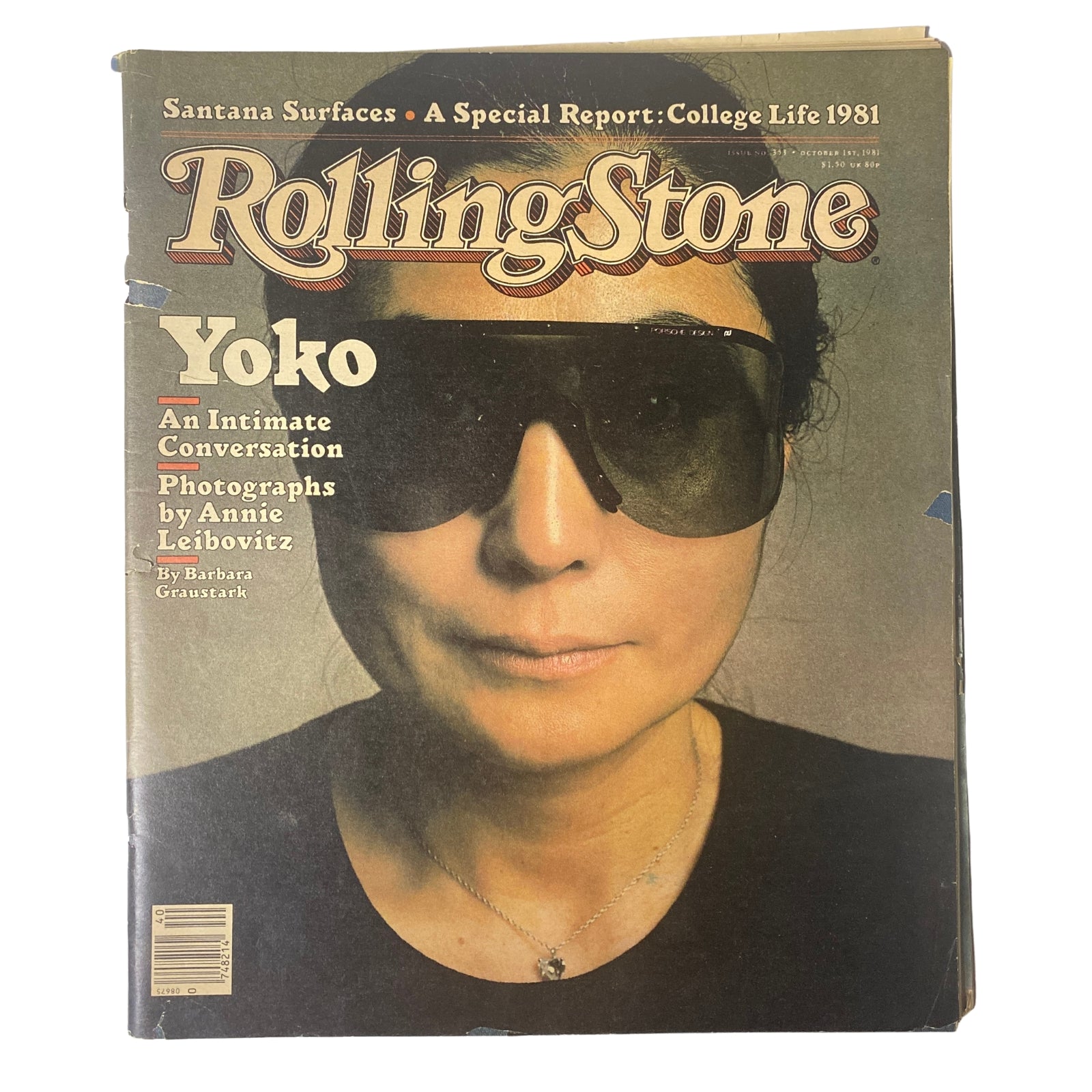 Cover of Rolling Stone Magazine from October 1, 1981, featuring Yoko Ono in sunglasses. The issue includes an intimate conversation and photographs by Annie Leibovitz, focusing on Ono's life and reflections after John Lennon's death.