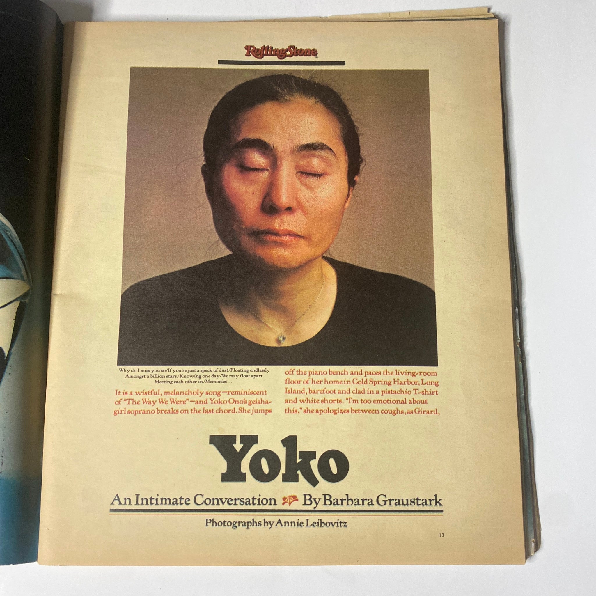Yoko Ono featured in Rolling Stone Magazine October 1, 1981, with a serene expression, photographed by Annie Leibovitz. This intimate portrait captures her emotional depth following John Lennon's death.