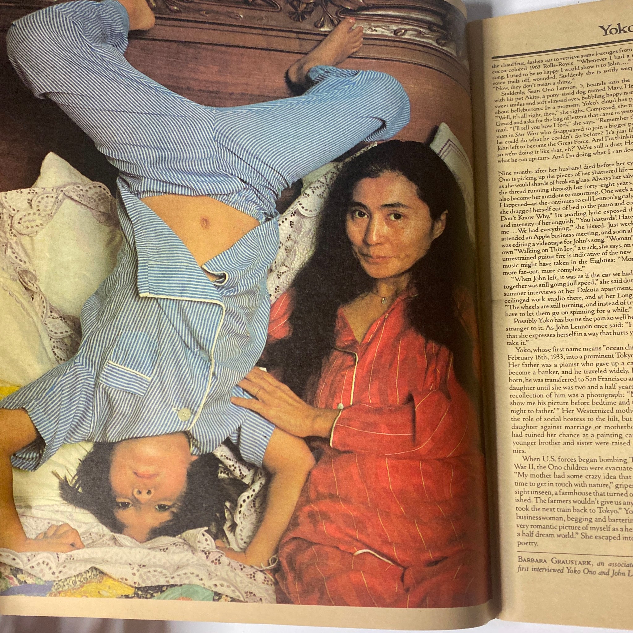 Yoko Ono with child featured in Rolling Stone Magazine October 1, 1981, showcasing a playful moment together. This image reflects their bond amidst the sensitive themes explored in the issue.