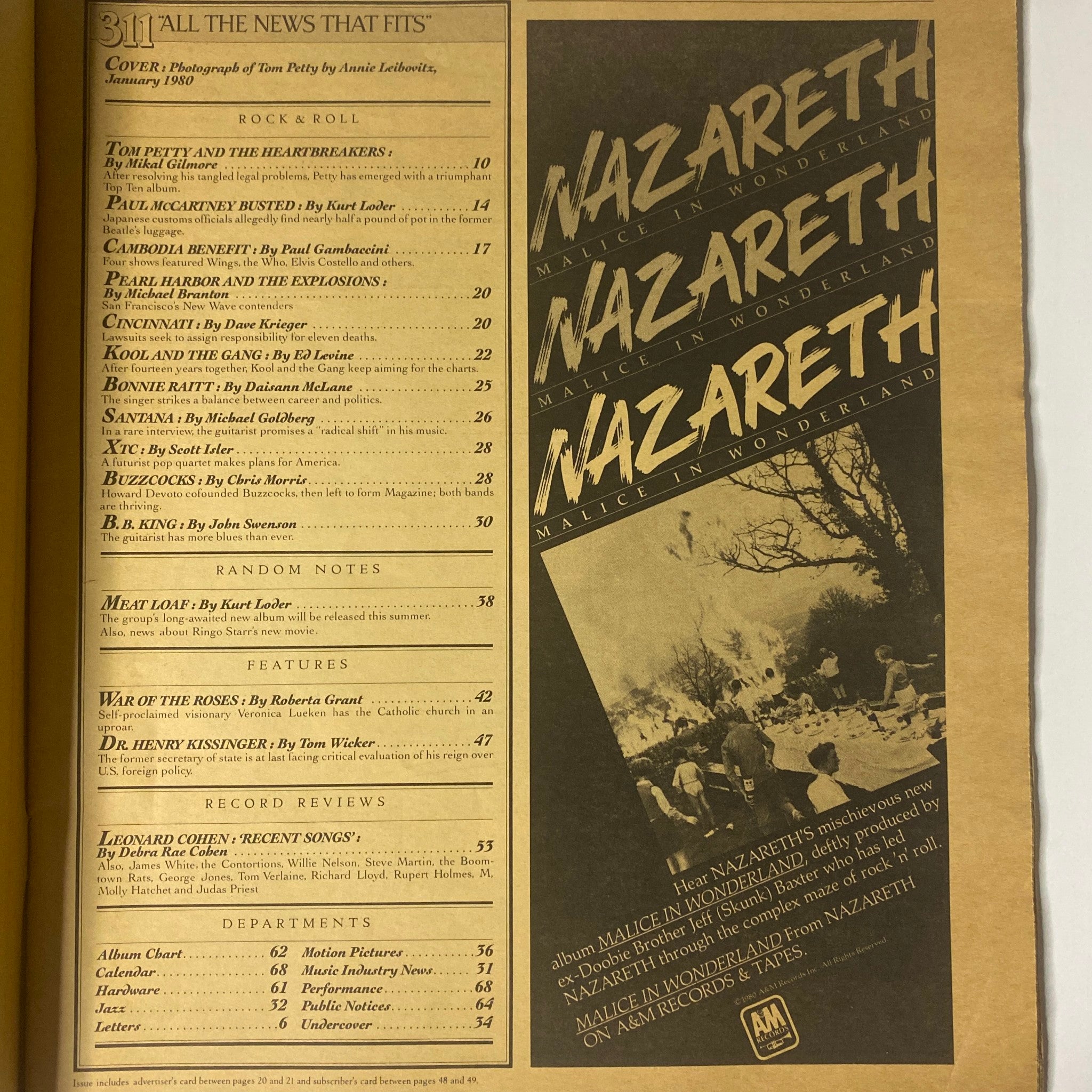 Interior page of Rolling Stone Magazine February 21, 1980 showcasing the table of contents, featuring notable articles about Tom Petty and the Heartbreakers, as well as various music reviews and features.