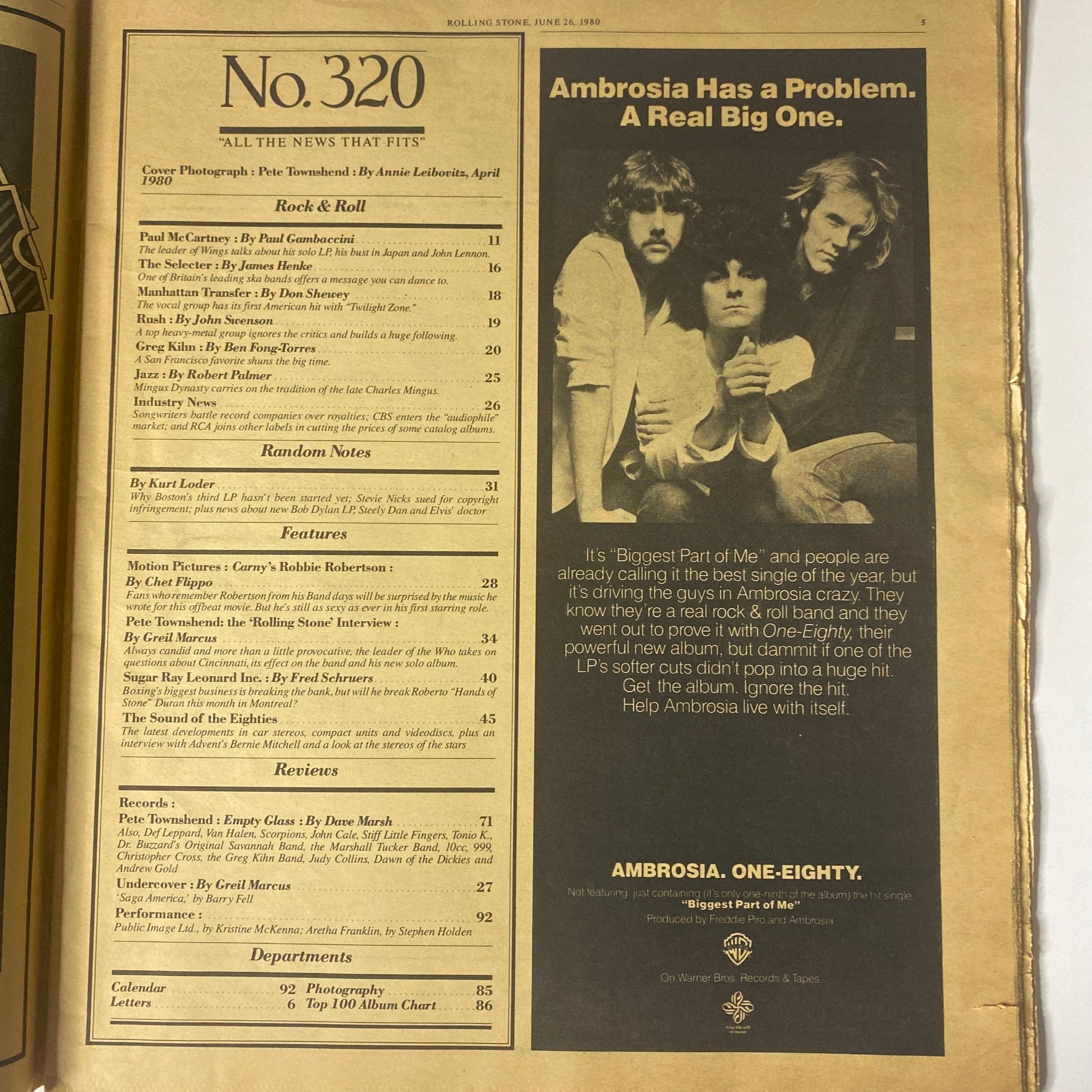 Table of contents from Rolling Stone Magazine June 26, 1980 No. 320, highlighting features such as interviews and articles about popular music and artists.