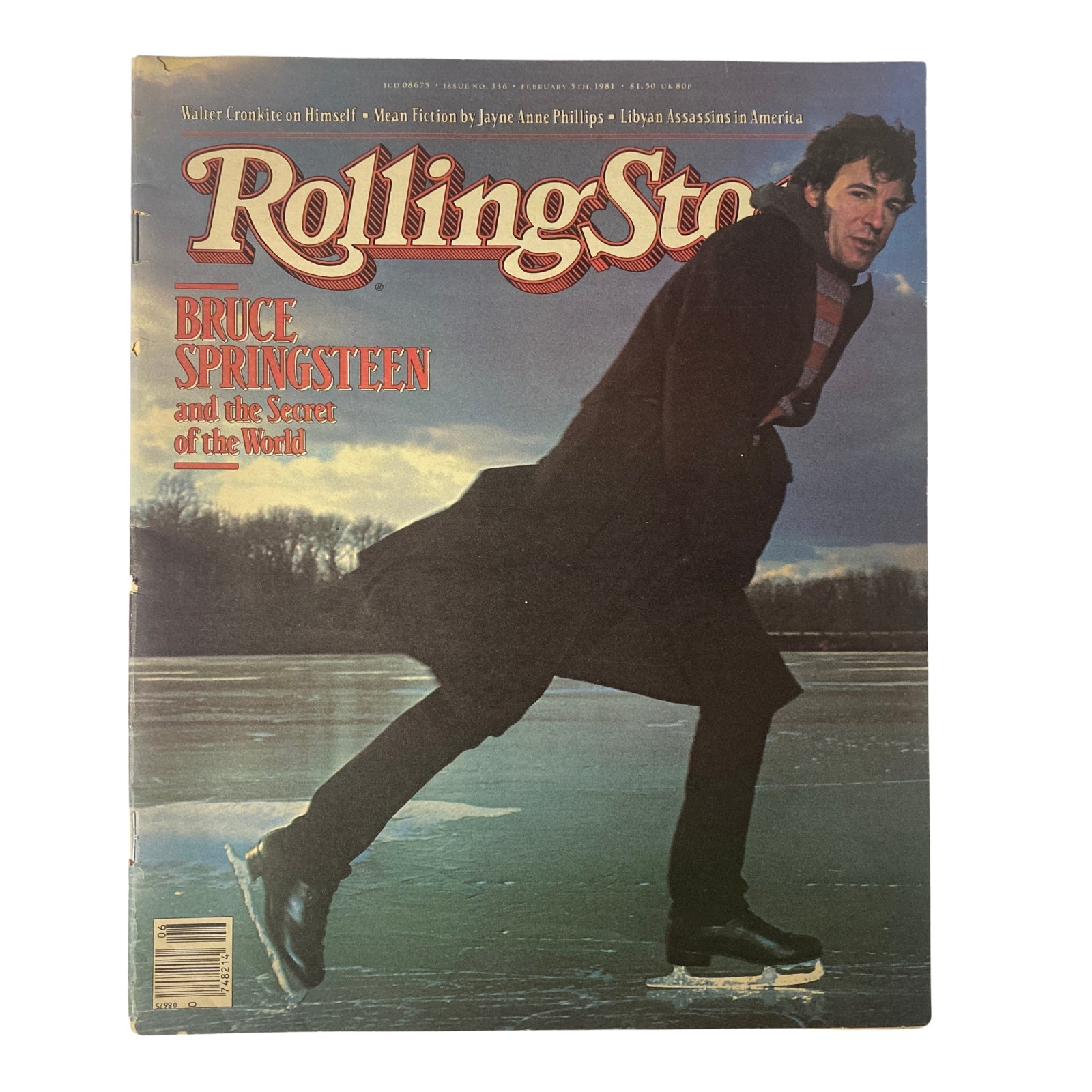 Cover of Rolling Stone Magazine dated February 5, 1981, featuring Bruce Springsteen on the cover, showcasing him skating on ice.