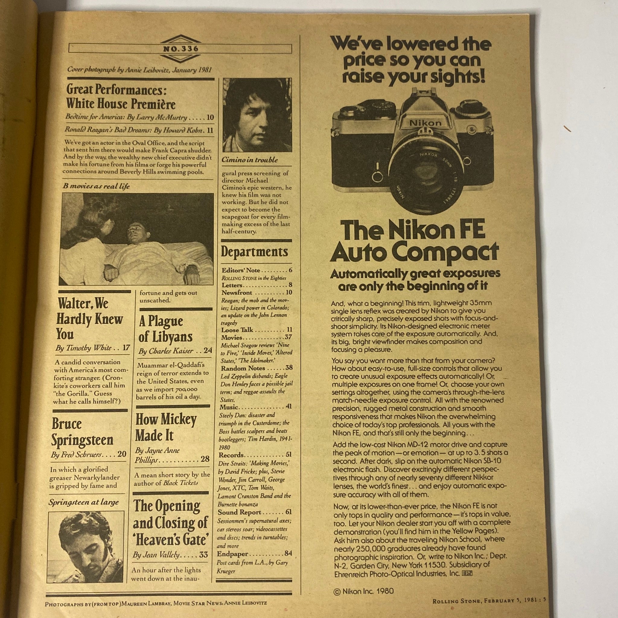 Page from Rolling Stone Magazine February 5, 1981, No. 336, highlighting articles including 'Walter, We Hardly Knew You' and 'Bruce Springsteen'.