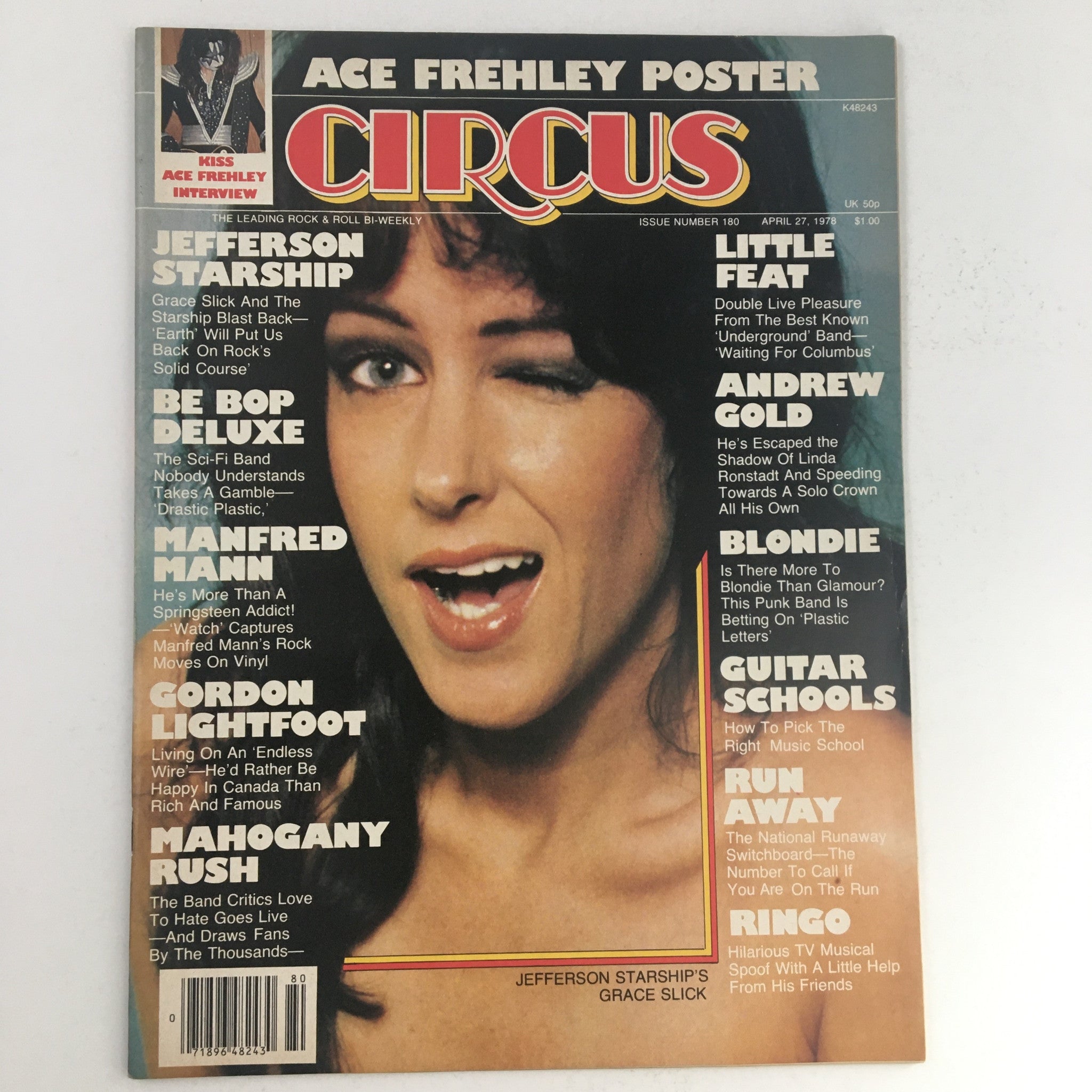 Circus Magazine April 27 1978 Grace Slick & Ace Frehley Kiss w Poster No Label