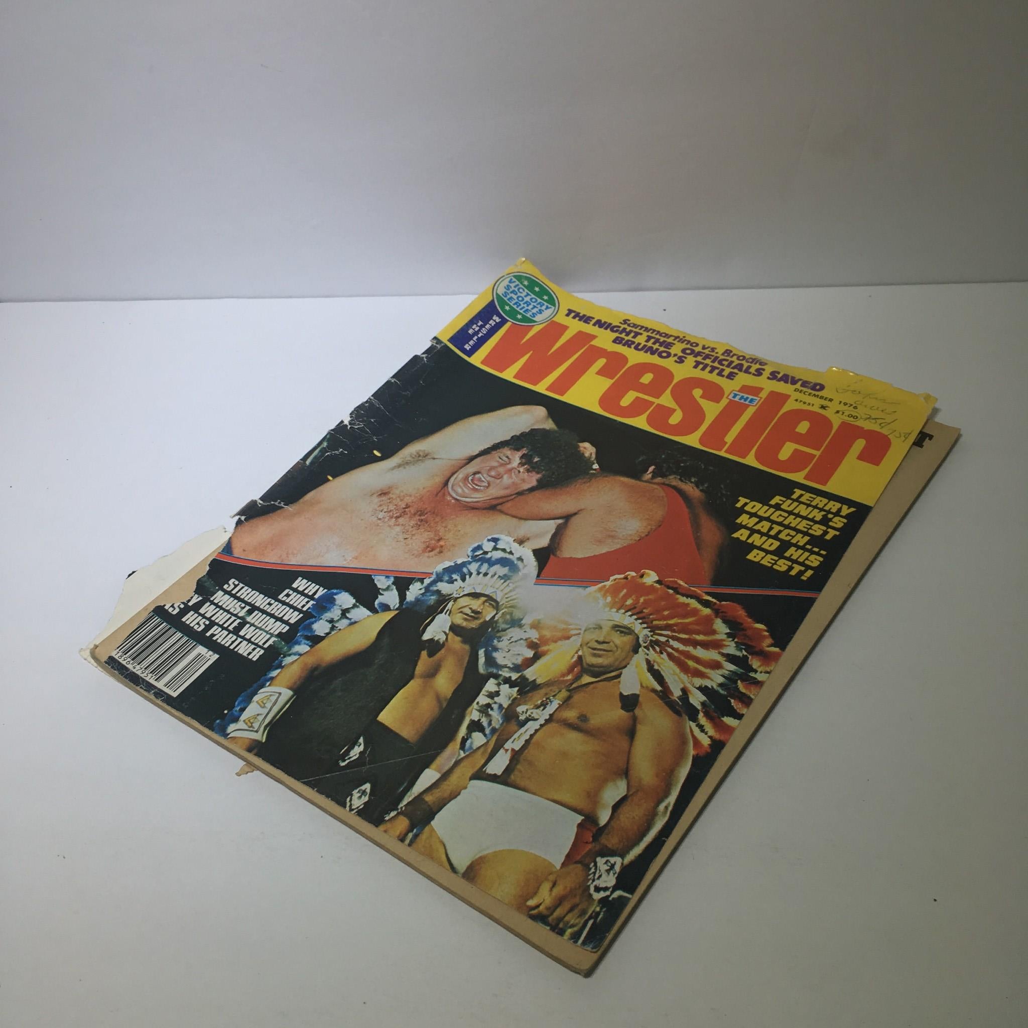 Cover page of The Wrestler Magazine December 1976 showcasing a wrestling match scene with prominent wrestlers, including Terry Funk and Bruno Sammartino, highlighting their iconic rivalry.