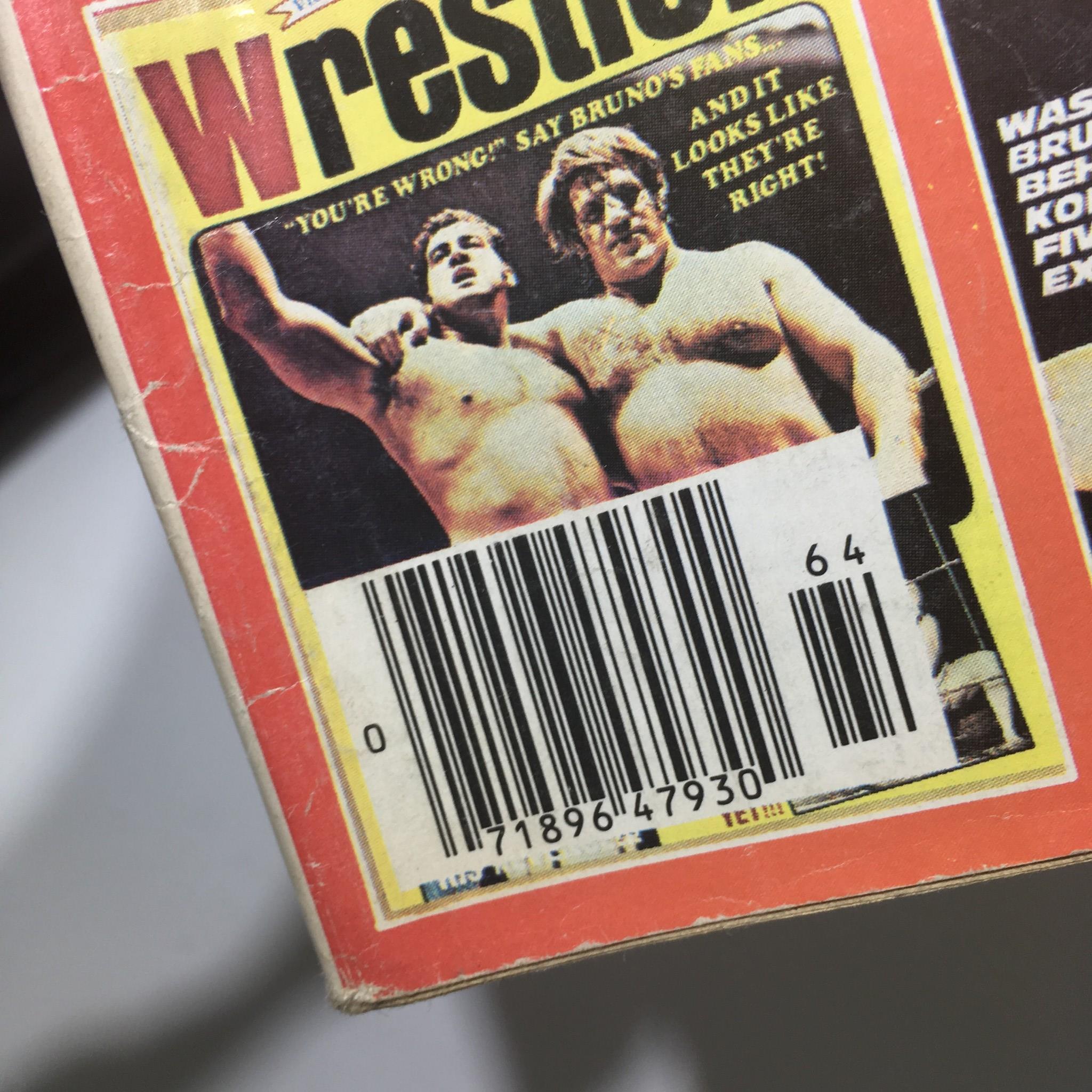 Barcode and additional text from the back of The Best of Wrestler Magazine Winter 1976, highlighting retail information and classic wrestling imagery.