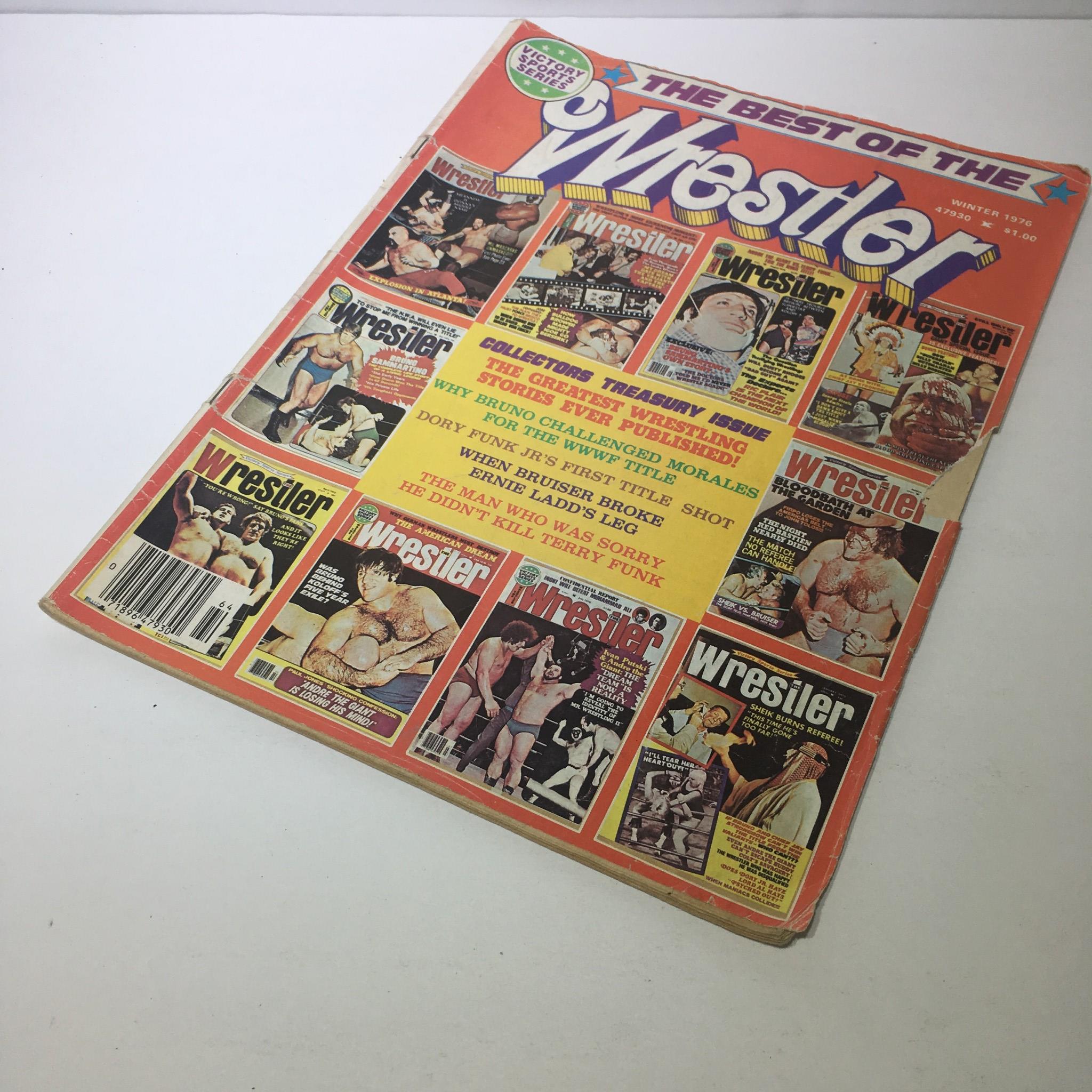 Front cover of 'The Best of Wrestler Magazine Winter 1976' showcasing various wrestling legends, promotional artwork, and featuring headlines about wrestling events and personalities.