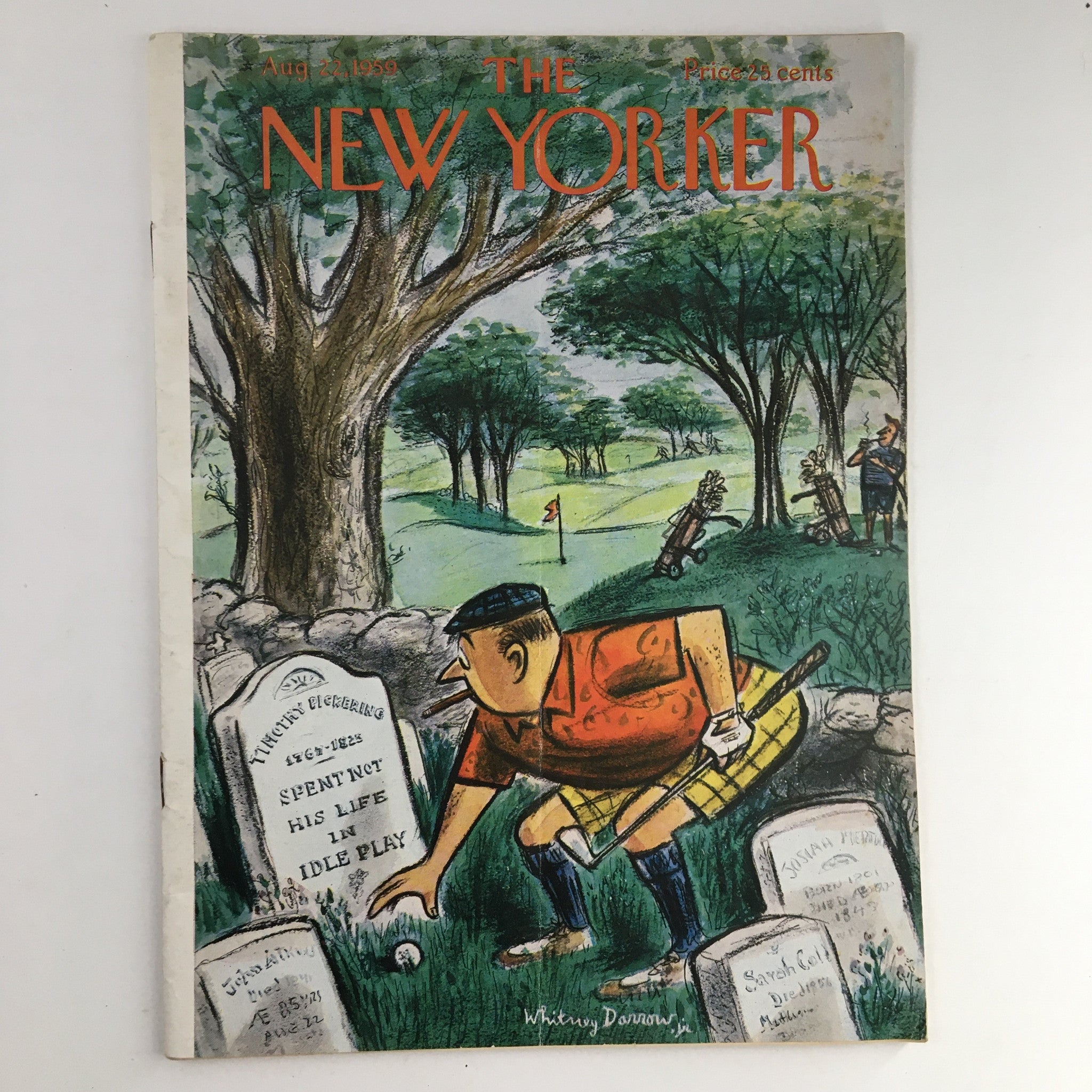 Cover of The New Yorker Magazine from August 22, 1959, featuring a humorous illustration by Whitney Darrow Jr, depicting a golfer beside gravestones in a lush green setting.