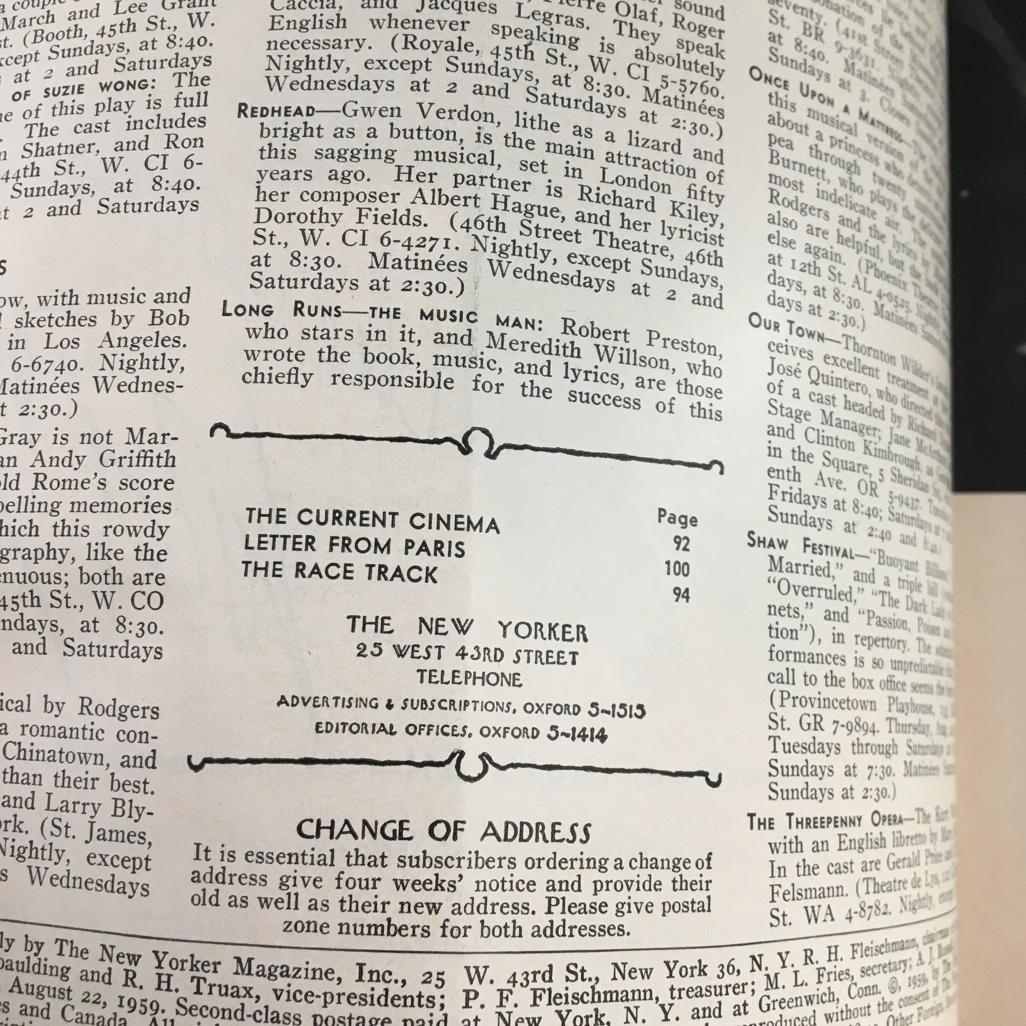 Interior page of The New Yorker Magazine from August 22, 1959, featuring listings and advertisements, part of a vintage publication with a theme cover by Whitney Darrow Jr.