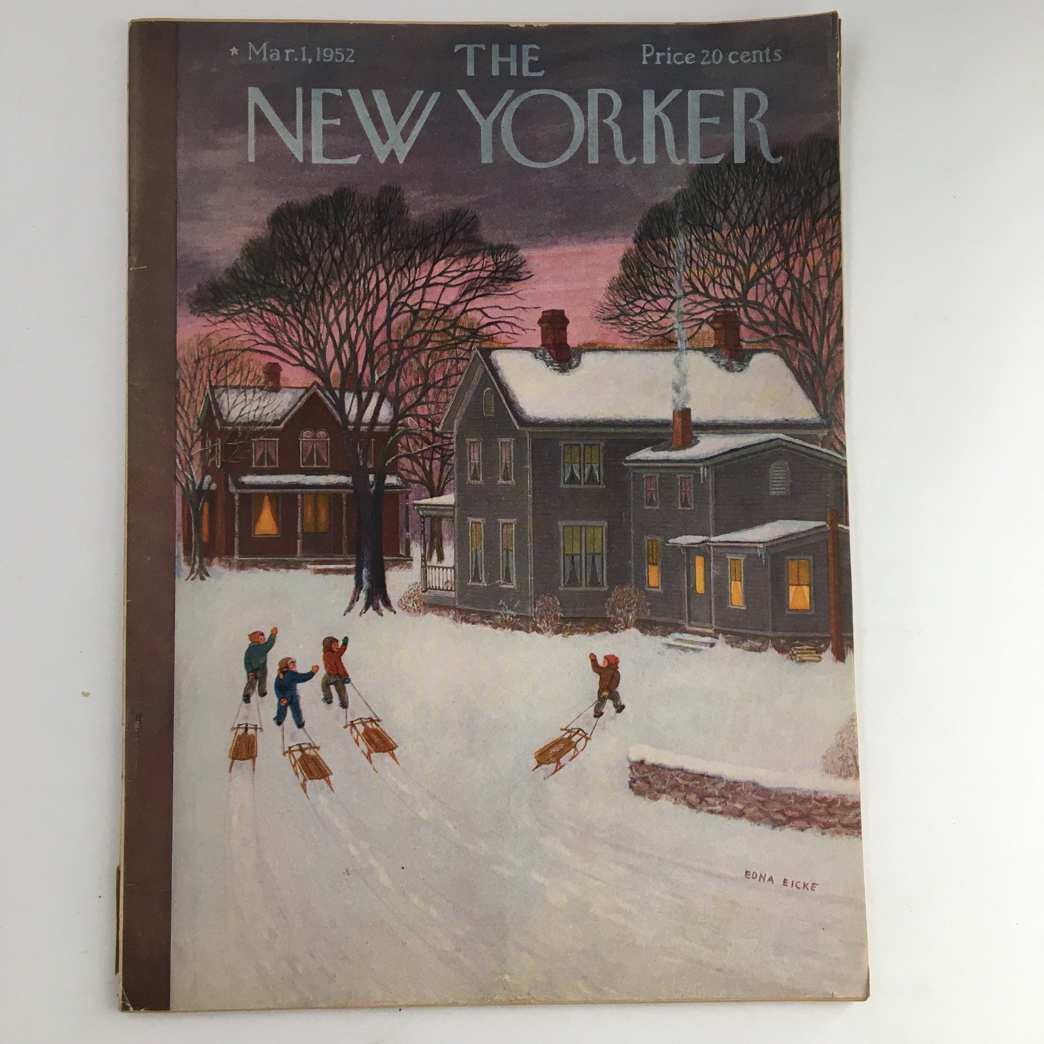 Cover of The New Yorker Magazine March 1 1952 by Edna Eicke featuring children sledding in a winter scene with houses and trees.