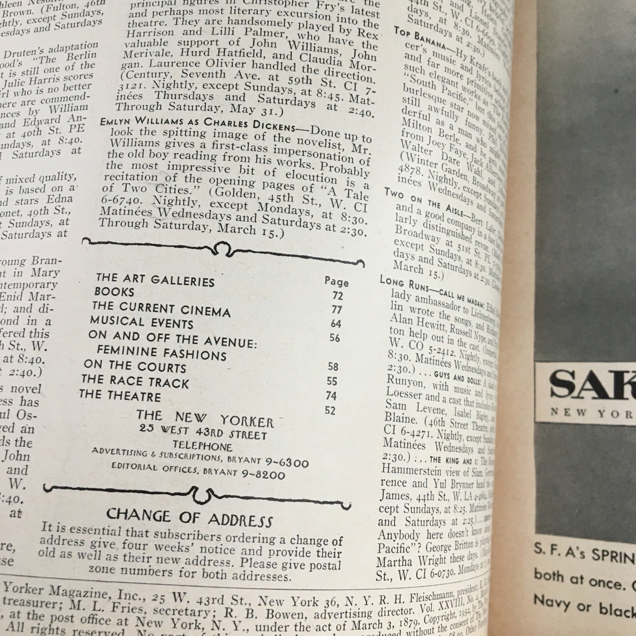 Inside page of The New Yorker Magazine March 1 1952 showing table of contents and advertisements including arts, cinema, and events.