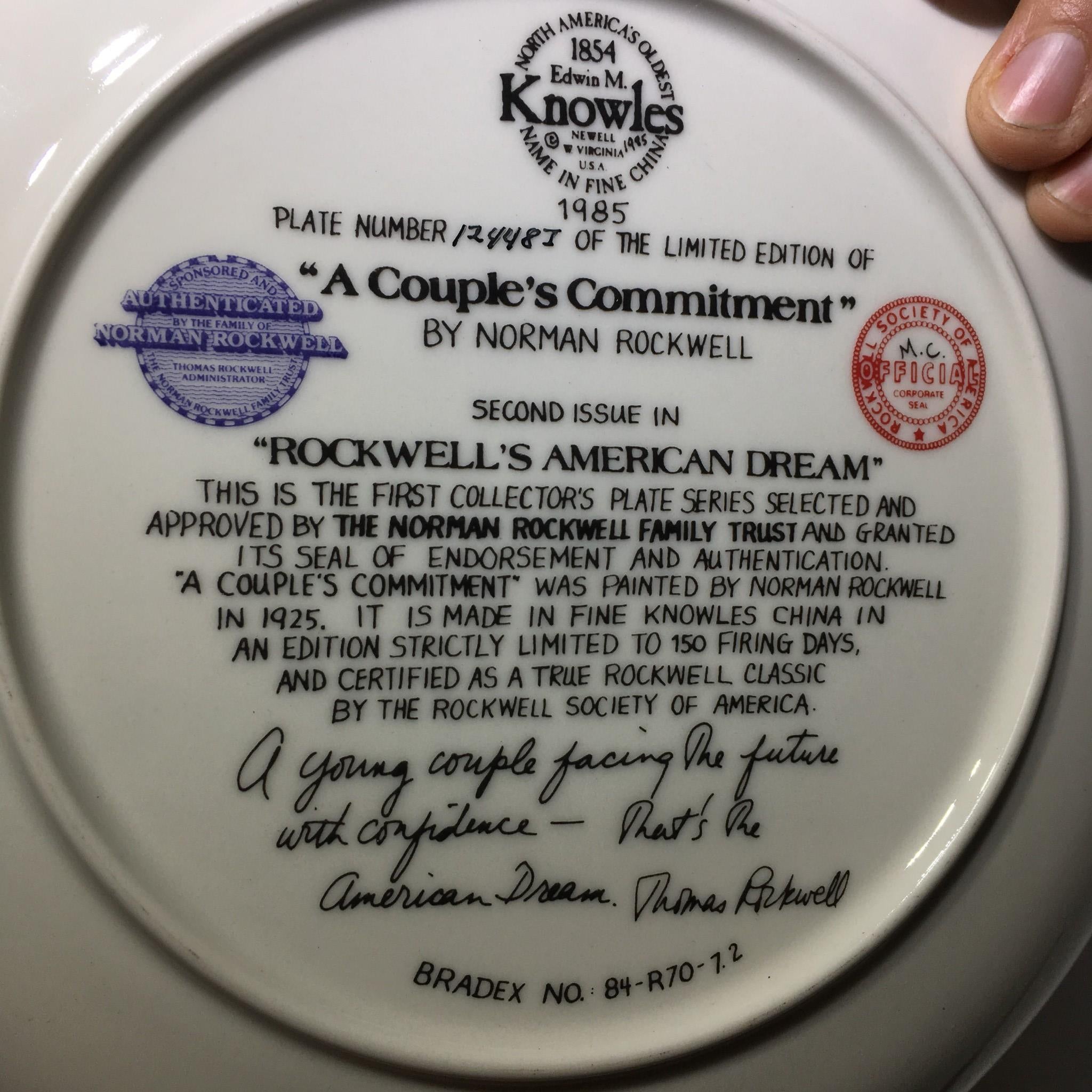 1985 A Couple's Commitment by Norman Rockwell Collectible Plate #12448I