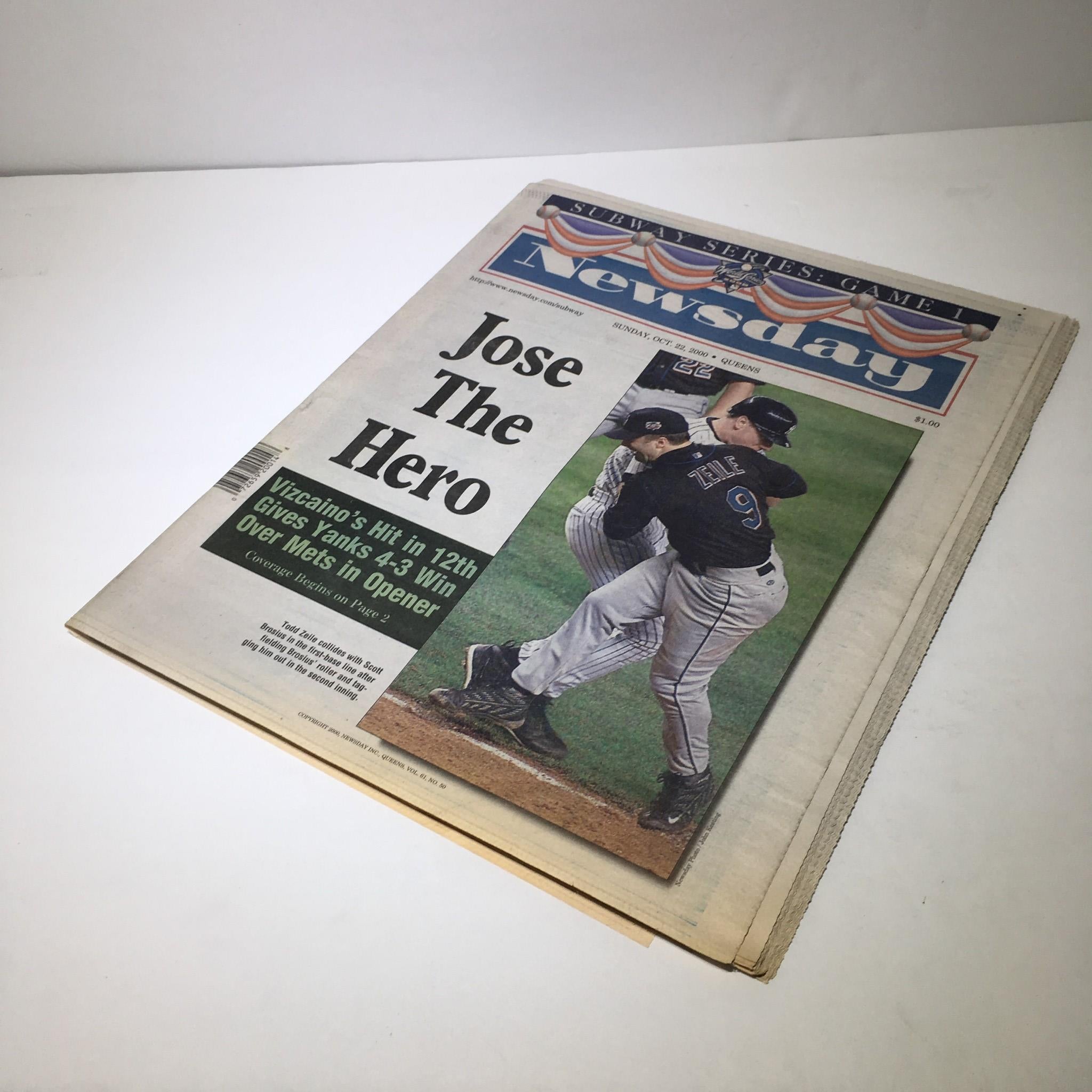 Newsday 10/22/2000 Vizcaino's Hit in 12th Gives Yanks 4-3 Over Mets In Opener