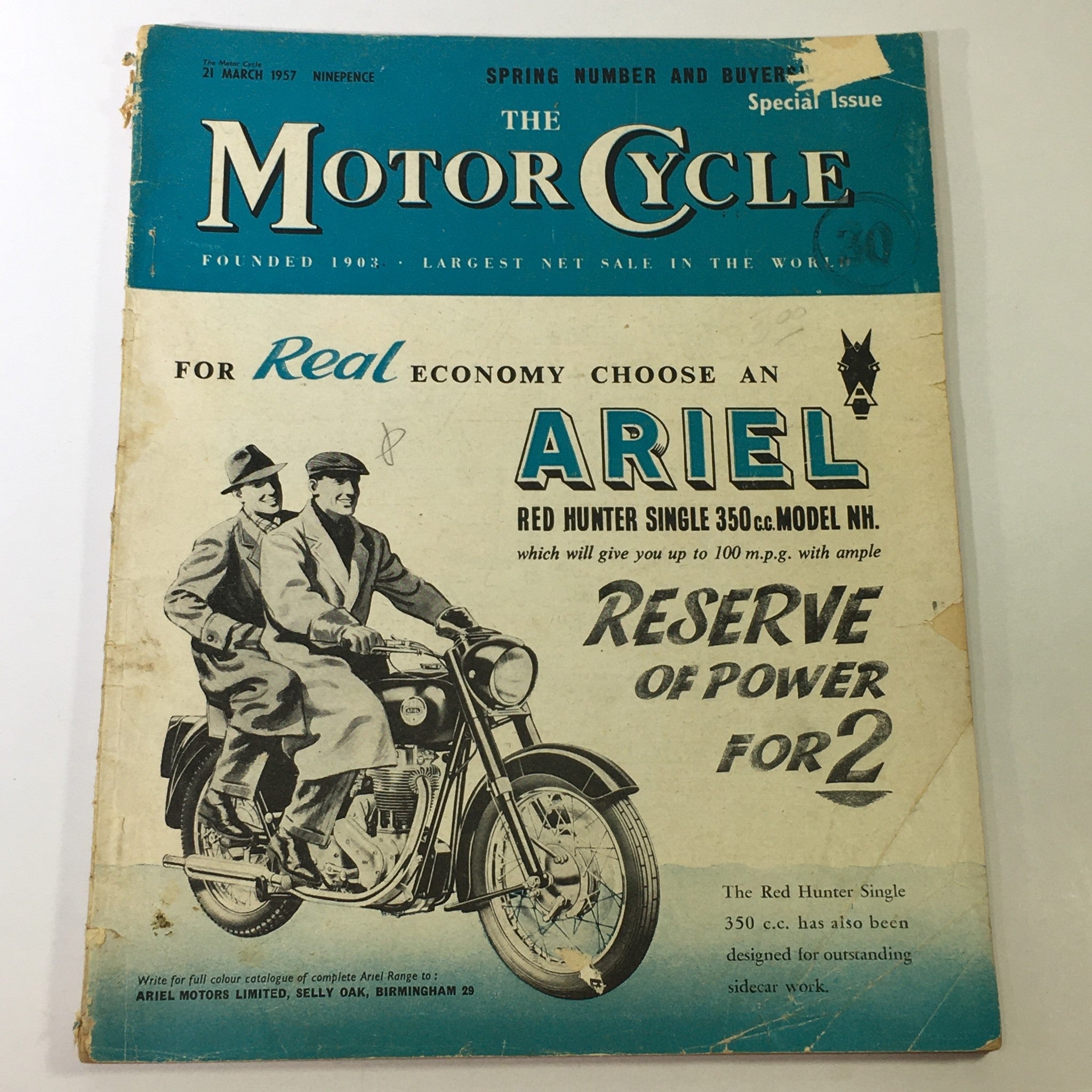 VTG The Motor Cycle Magazine March 21 1957 - Ariel Red Hunter Single 350cc NH