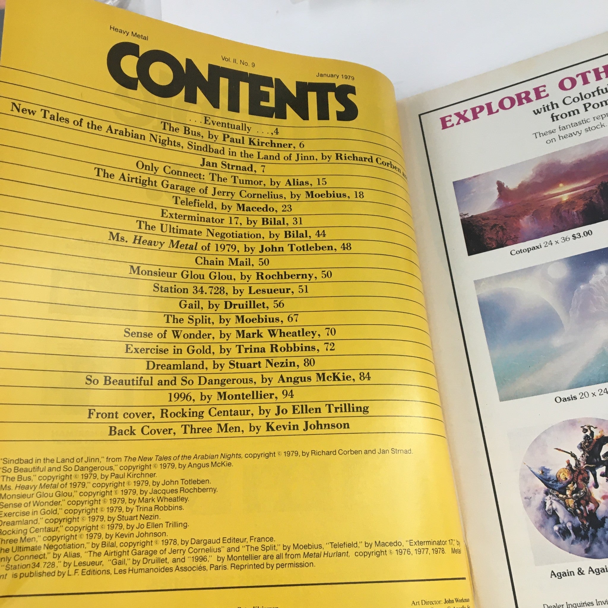 Contents page from Heavy Metal Magazine January 1979 detailing various stories including "The New Tales of the Arabian Nights" and other captivating narratives, set against a bright yellow background.