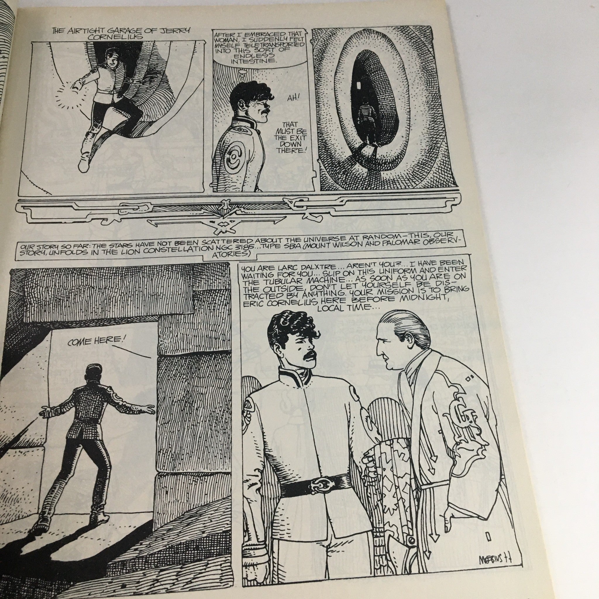 Comic strip page from Heavy Metal Magazine January 1979 featuring the story "The Airtight Garage of Jerry Cornelius," showcasing detailed black and white artwork that reflects the magazine's unique storytelling style.