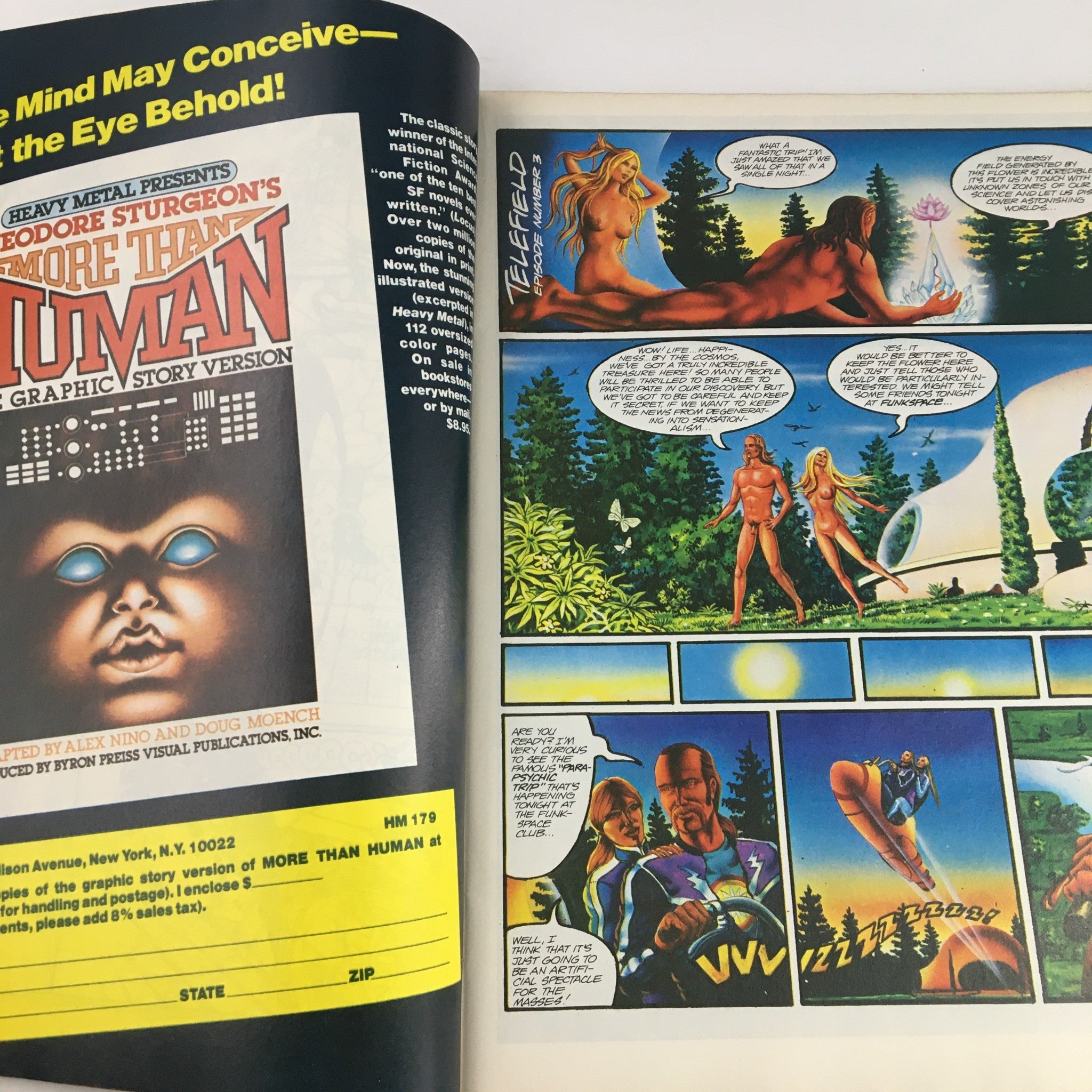 Heavy Metal Magazine January 1979 features a double-page spread showing artwork and storytelling from the graphic story version of Theodore Sturgeon's More Than Human.