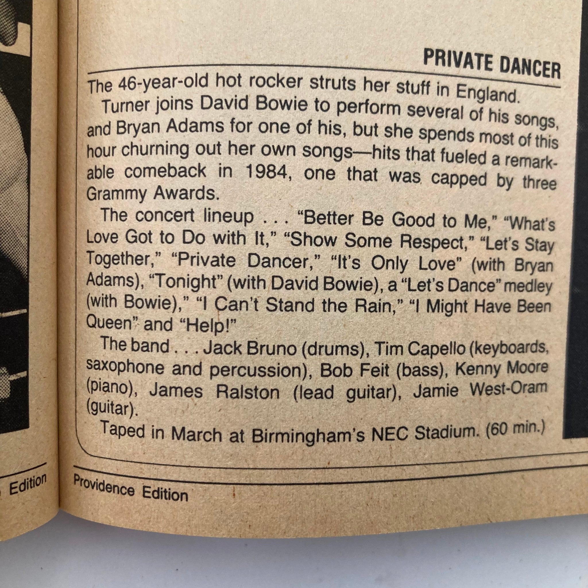 Interior page of TV Guide Magazine June 8, 1985, detailing a concert lineup including Tina Turner and David Bowie, highlighting the music culture of the 1980s.