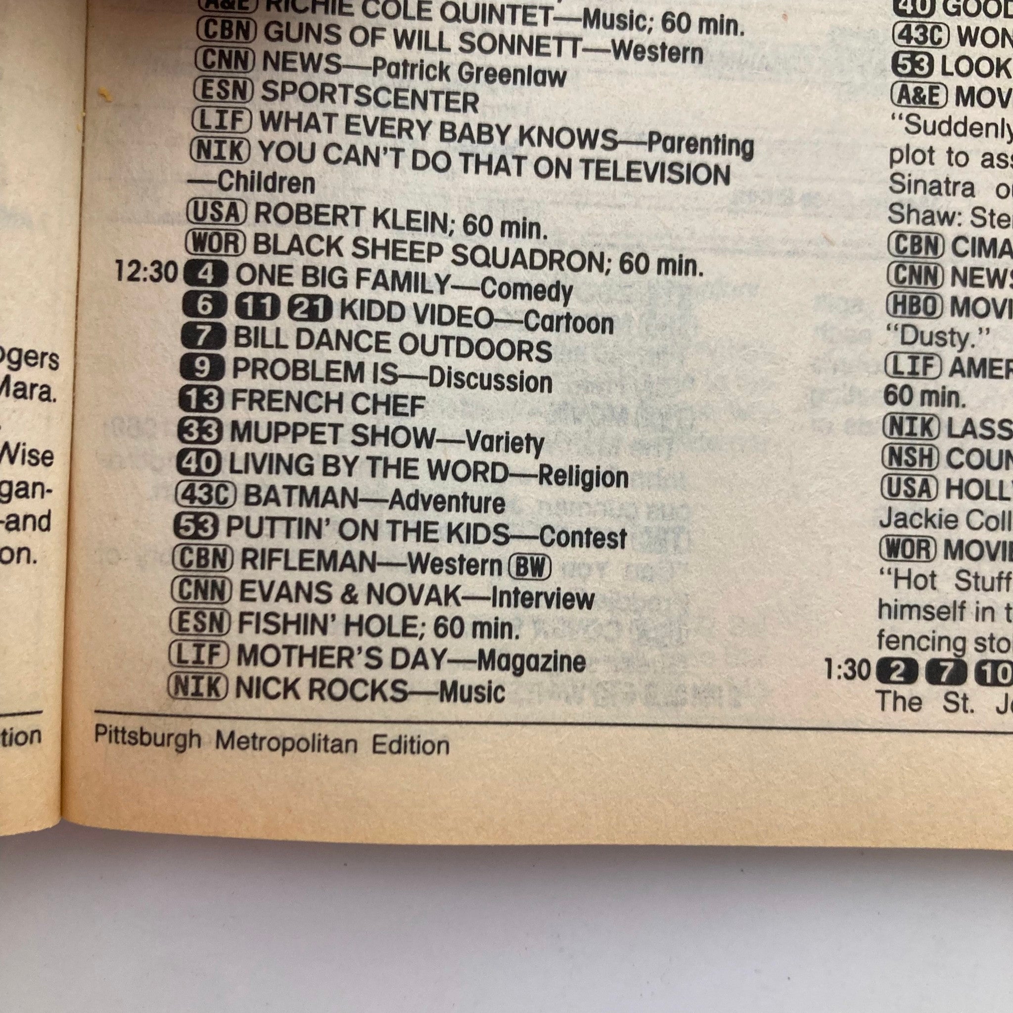 Inside page of the TV Guide Magazine January 24 1987, showing the TV schedule and programming lineup for Pittsburgh Metropolitan Edition.