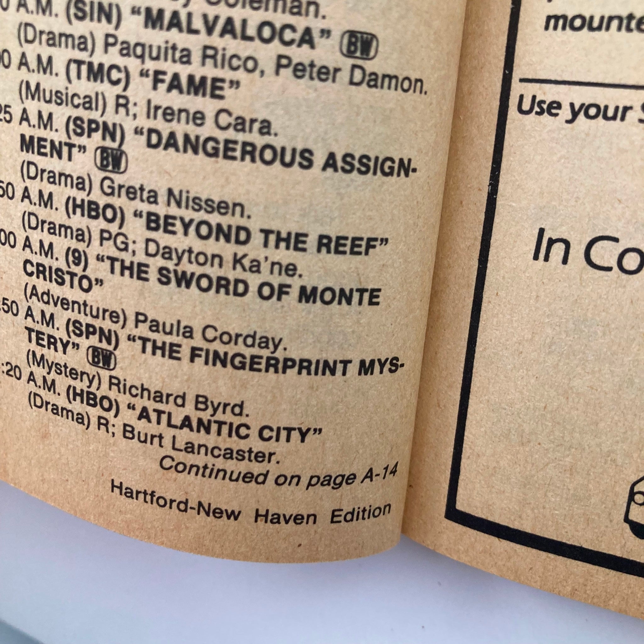 Interior page of TV Guide Magazine June 5, 1982 listing local programming schedules including notable shows such as 'Fame' and 'The Sword of Monte Cristo', part of the Hartford-New Haven Edition.