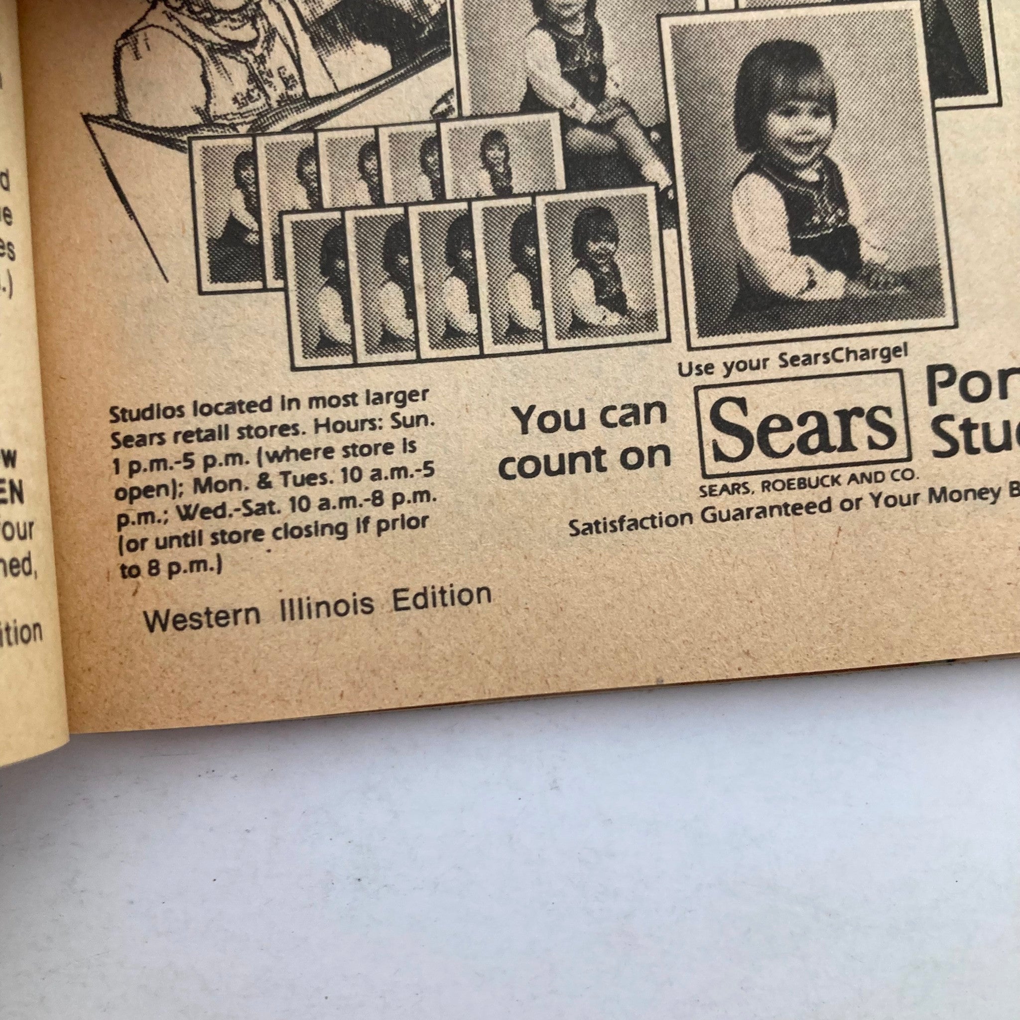 Inside page of TV Guide Magazine June 18 1983 featuring advertisements, including Sears Portrait Studios, highlighting photography services available at Sears locations in Western Illinois. The page includes multiple children's portraits and store hours.