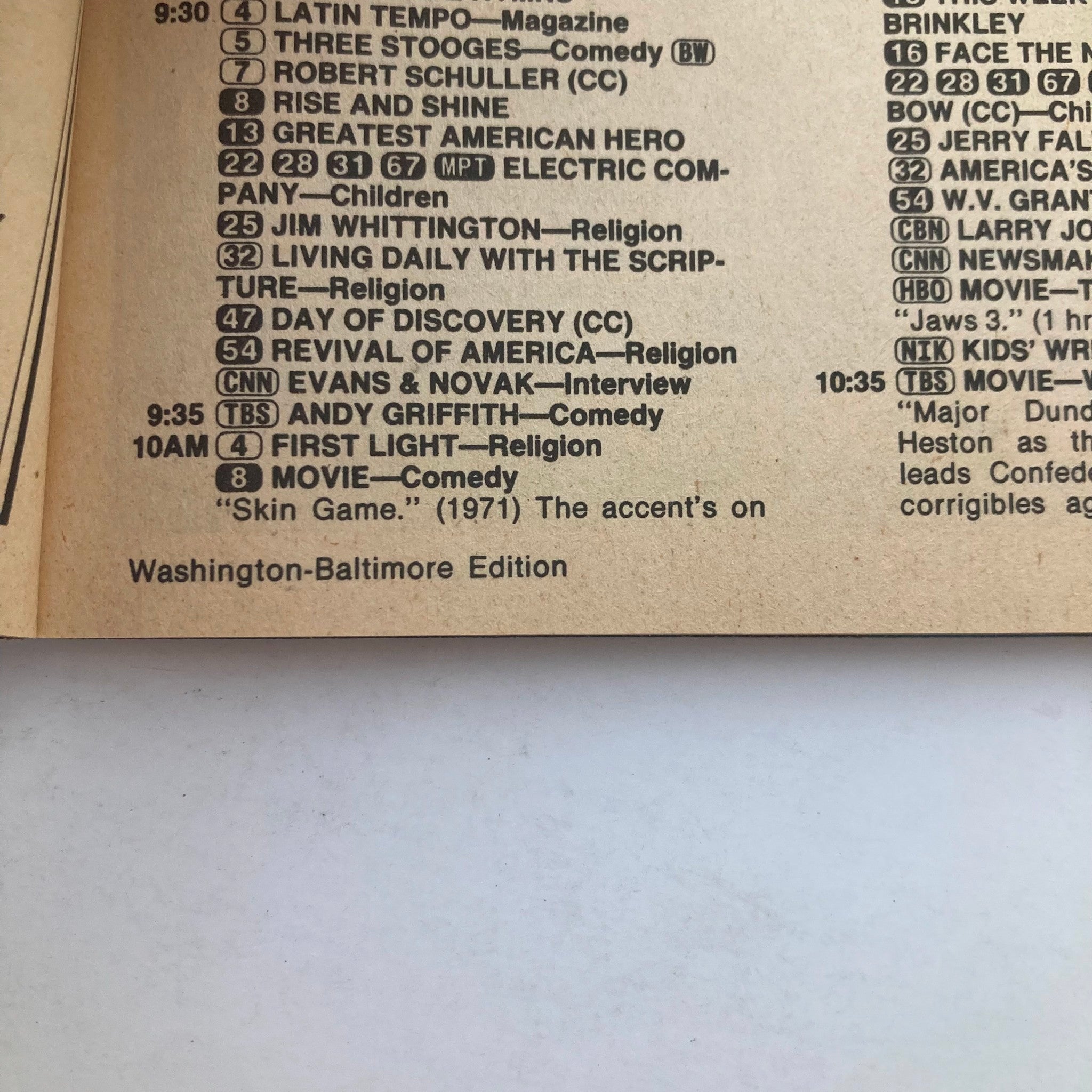 TV Guide Magazine June 30 1984 featuring programming listings for Washington-Baltimore area including shows like Latin Tempo, The Andy Griffith Show, and Skin Game movie. A historical snapshot of TV entertainment in pristine condition.