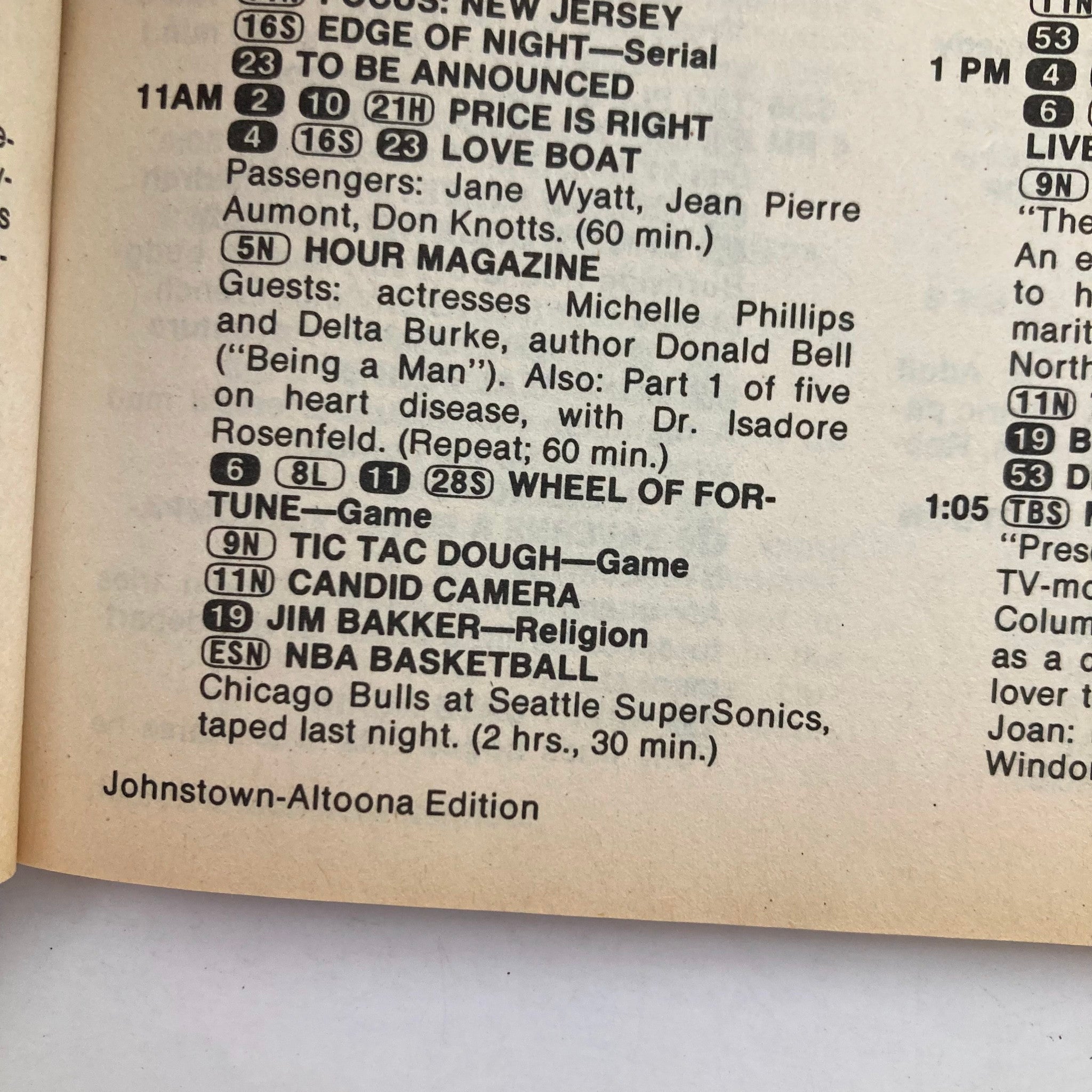 Inside pages of TV Guide Magazine March 19-25, 1983 showing the Johnstown-Altoona edition listing TV programs including 'Price is Right', 'Love Boat', and 'Jim Bakker Religion', documenting television history.