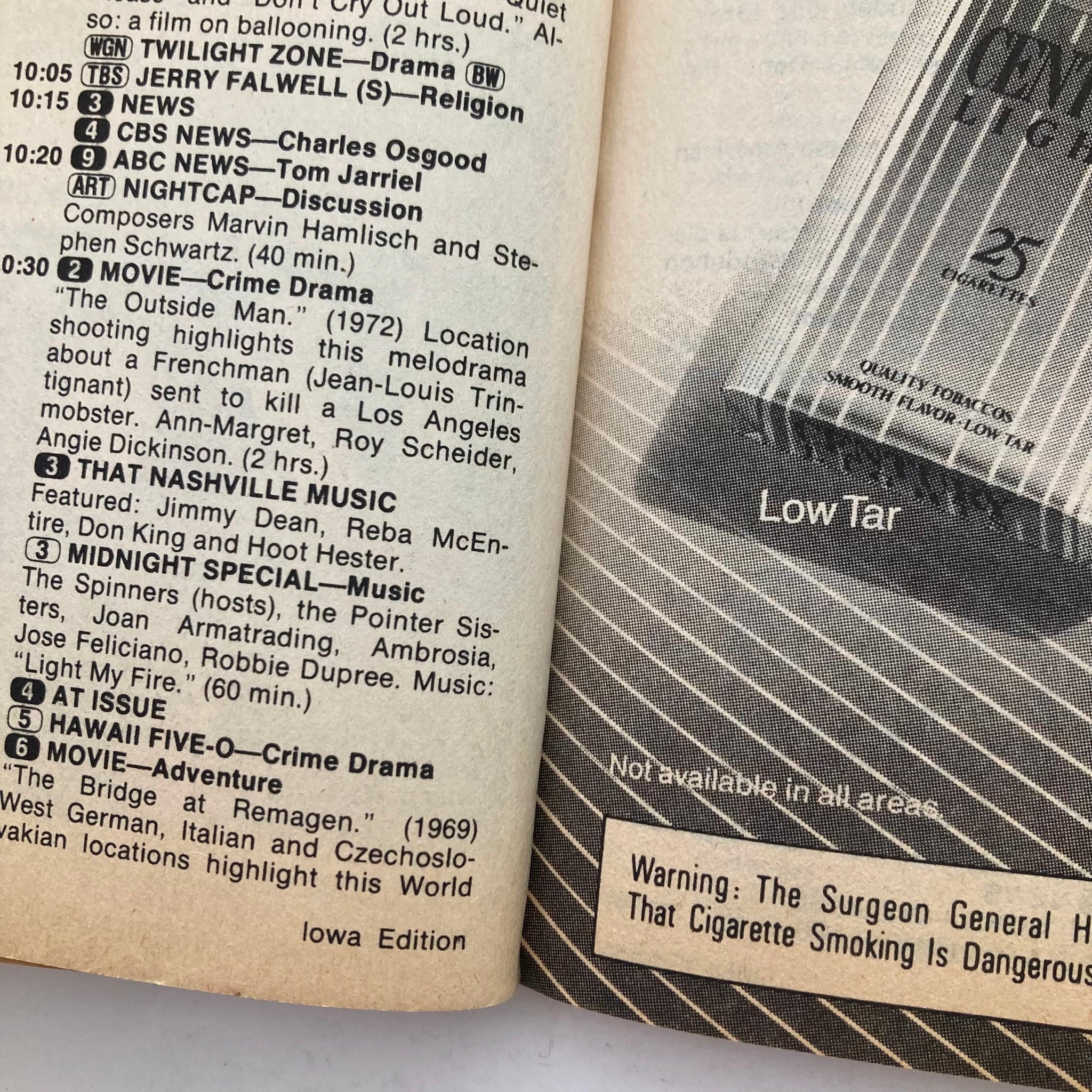 Inside page of the TV Guide Magazine July 23, 1983, featuring TV listings, programs, and advertising for cigarettes, highlighted by show timings and titles including Jerry Falwell and Hawaii Five-O.