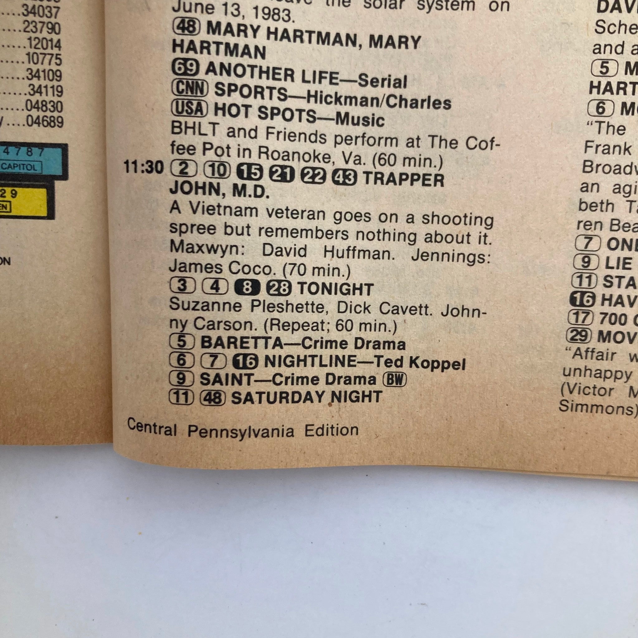 Inside page of TV Guide Magazine June 11 1983 showing program listings for the week, including descriptions for popular shows like 'Trapper John, M.D.' and 'Tonight Show'.