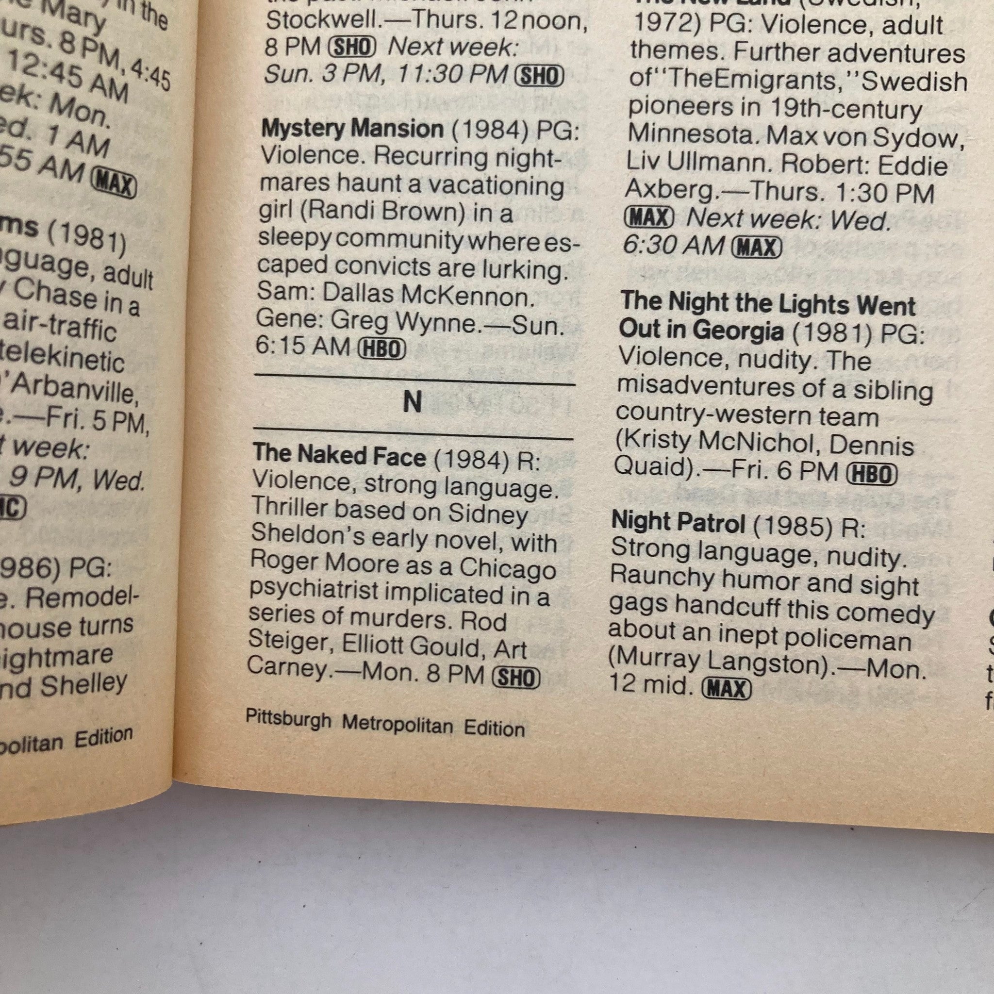 Interior page of TV Guide Magazine March 28 1987 showcasing television listings and movie schedules. This page includes descriptions of films such as 'Mystery Mansion' and 'The Naked Face' along with air times.