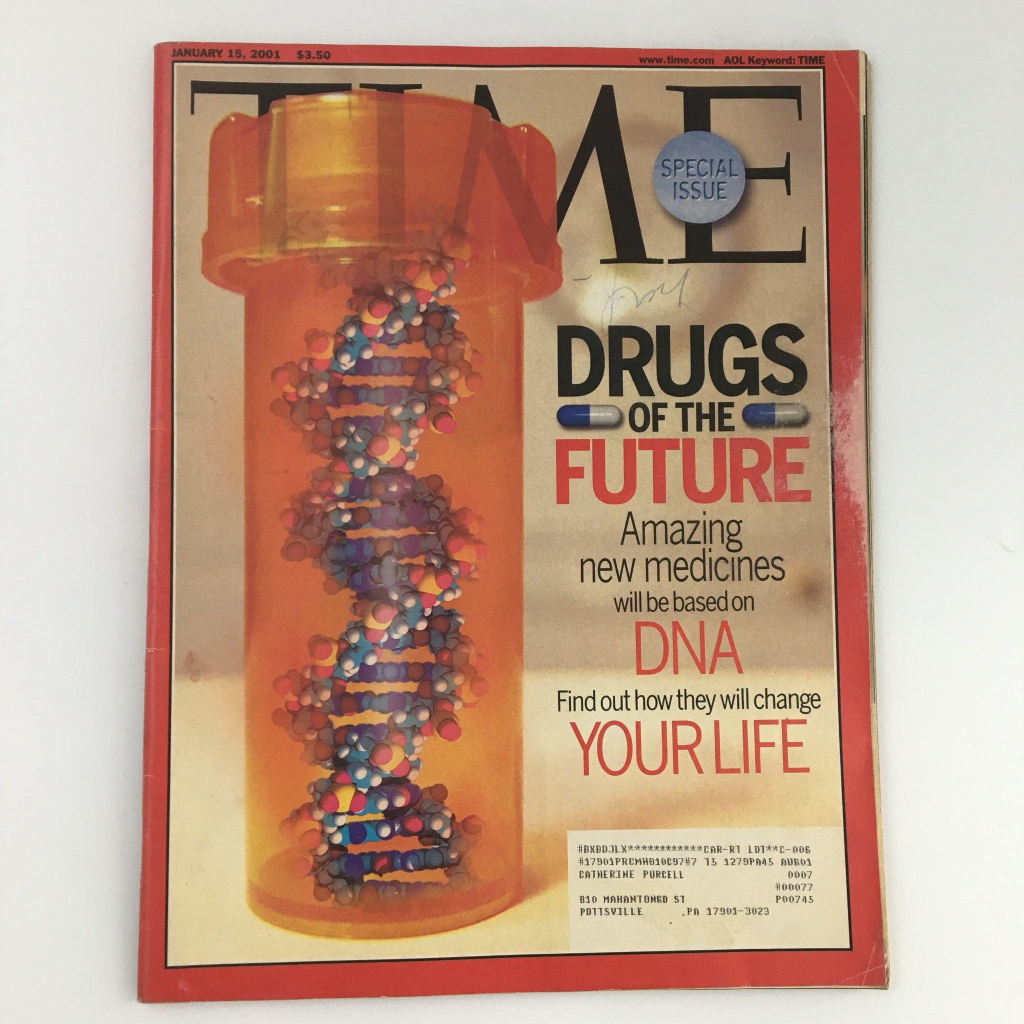 Cover of Time Magazine, January 15, 2001, titled 'Drugs of the Future' showcasing a prescription pill bottle filled with colorful pills and a prominent title about future medicine based on DNA.