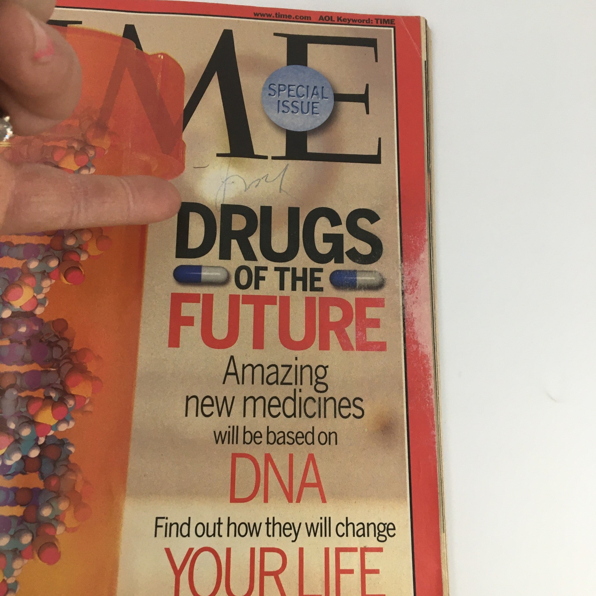 Close-up view of Time Magazine's cover from January 15, 2001, featuring the title 'Drugs of the Future', highlighting new medicines based on DNA, with a 'Special Issue' badge visible.