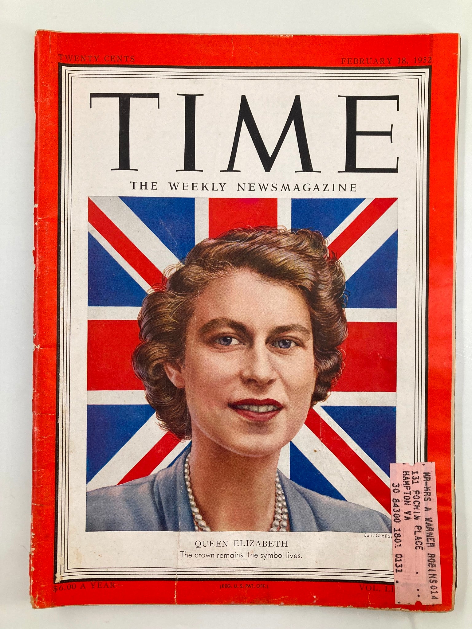 VTG Time Magazine February 18 1952 Vol 59 #7 Queen Elizabeth The Crown Remains