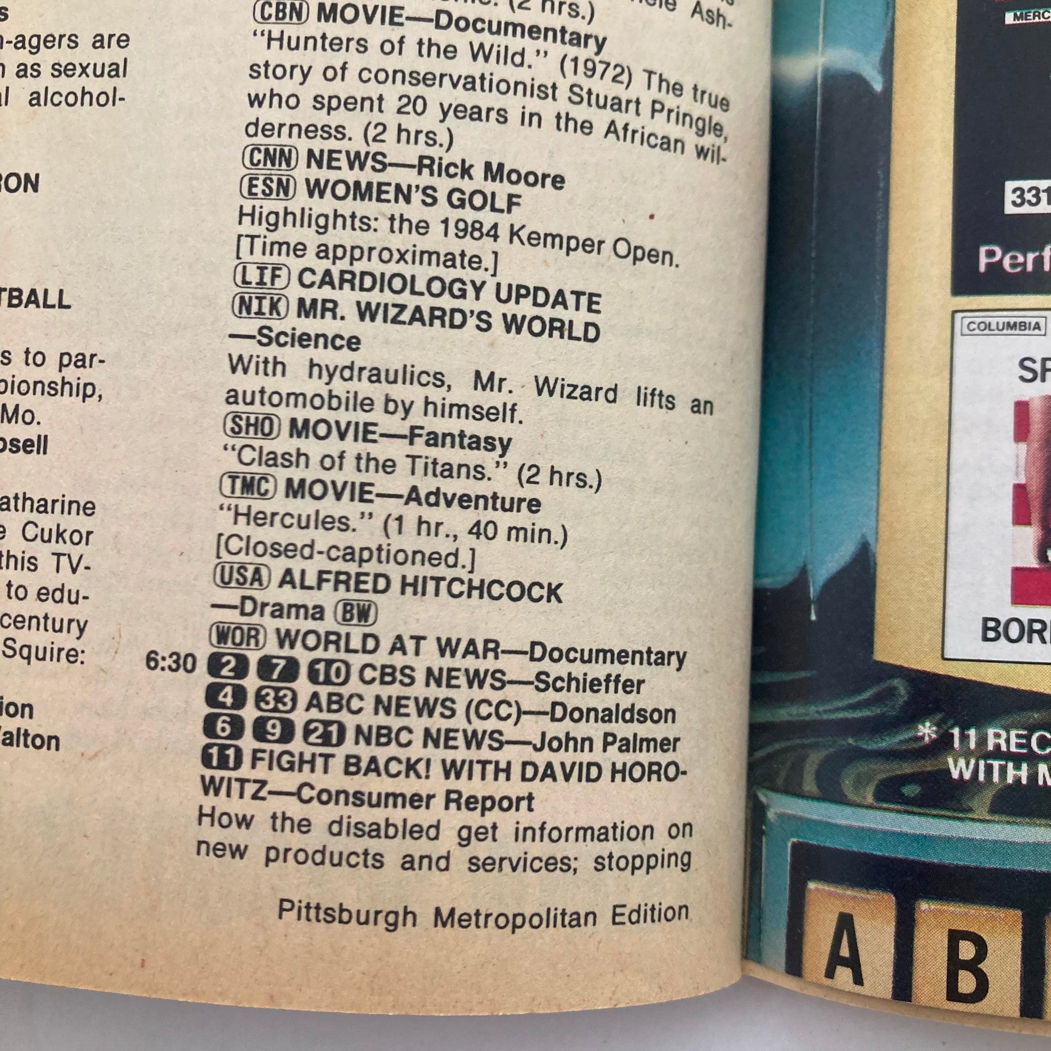 Inside content of the TV Guide Magazine from March 9, 1985 featuring listings such as CBN Movie 'Hunters of the Wild', CNN News with Rick Moore, and various documentaries including 'World at War'. The magazine prominently displays the title 'TV Guide Magazine March 9 1985 Angela Lansbury Pittsburgh Metro Ed.' along with TV programming details.
