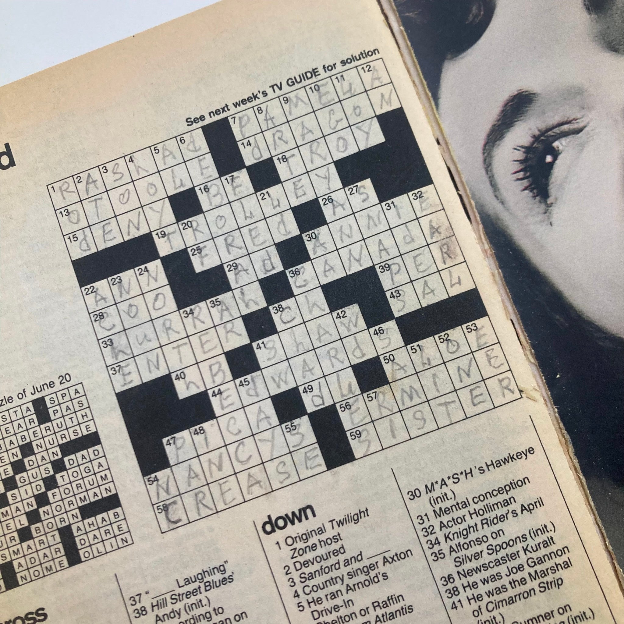 Crossword puzzle from TV Guide Magazine June 27 1987. Features clues and answers related to classic television series, providing engaging content for readers.