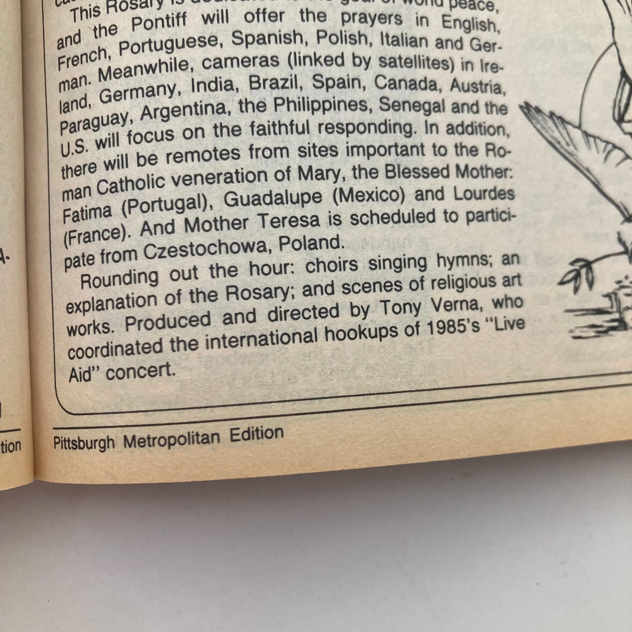 Inside page of the TV Guide Magazine dated June 6, 1987, featuring content about a special broadcast and the Rosary, part of the Pittsburgh Metropolitan Edition.