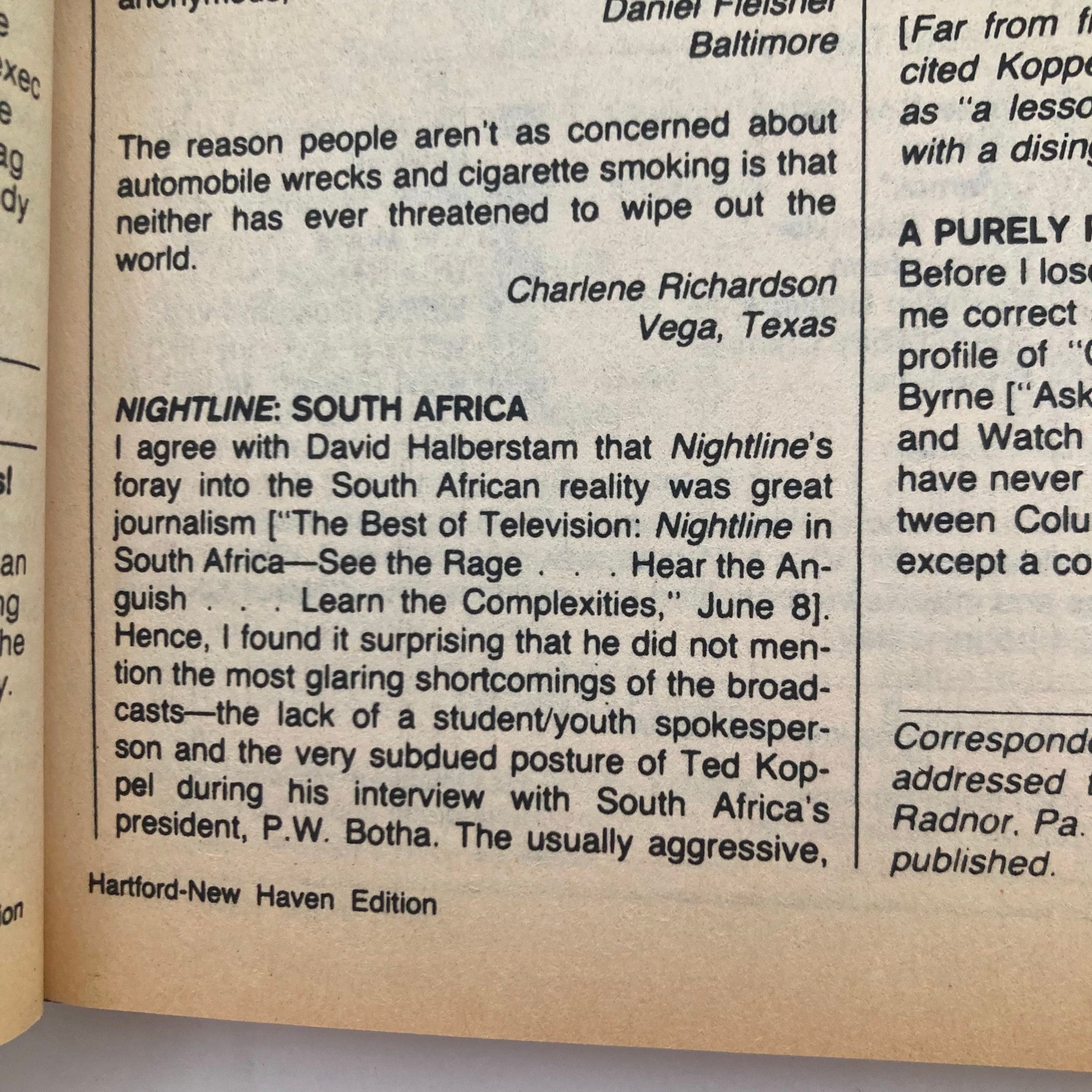 Interior page of the TV Guide Magazine from June 29 to July 5, 1985, discussing 'NIGHTLINE: SOUTH AFRICA' and featuring critical commentary, part of the content under the title 'The Best and Worst We Saw'.